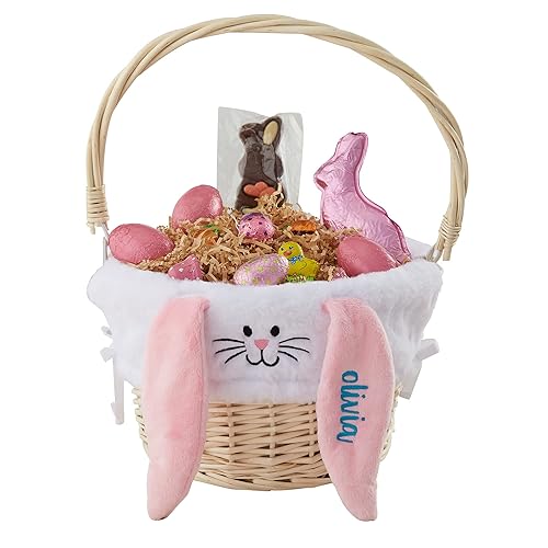 Personalization Universe Forro personalizado para cesta de Pascua de conejito bronceado y canasta blanca con mango plegable