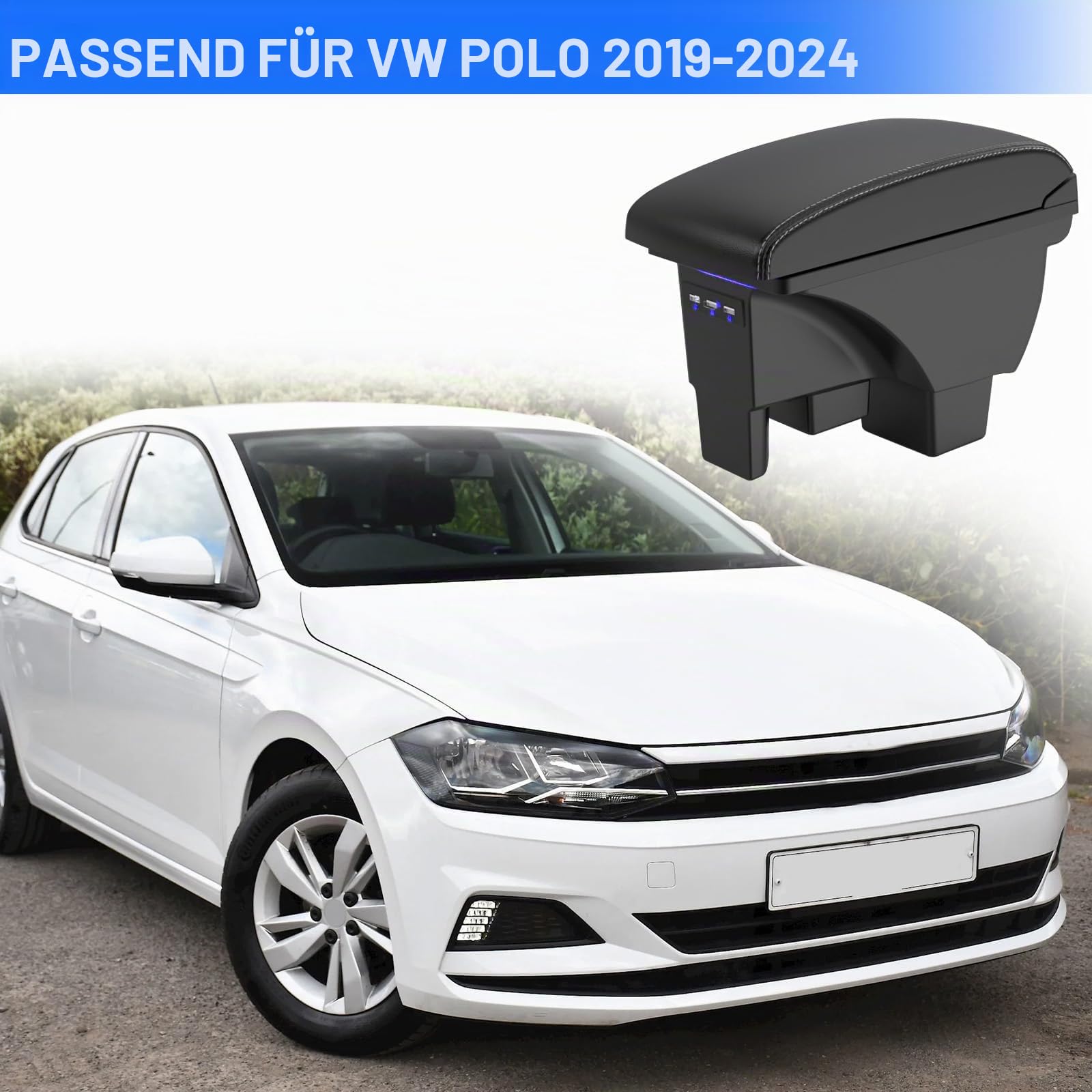 Mittelarmlehne Box Kompatibel mit VW Polo 2019-2024 | Armlehnenbox mit Doppelschicht-Aufbewahrung, 3 USB-Anschlüssen, schwarzem Leder und weißen Linien.