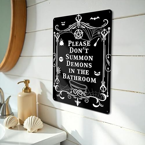 Miniatura 4 de Decoración de baño, divertido letrero de metal negro para el hogar, Halloween, inodoro para colgar en la pared, letrero gótico de baño, 16 x 12