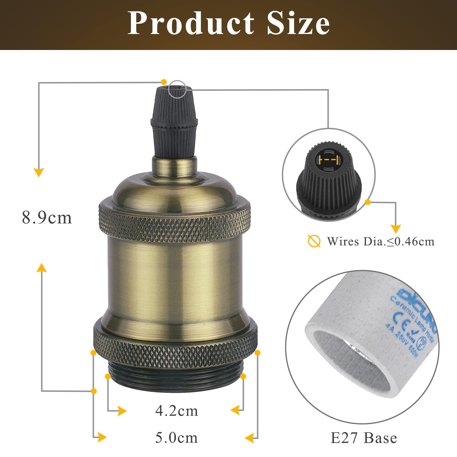 DiCUNO E27 Vintage Portalampada, Edison retro lampada a sospensione, Adattatore in ceramica solida, 6 Pezzi di champagne oro socket