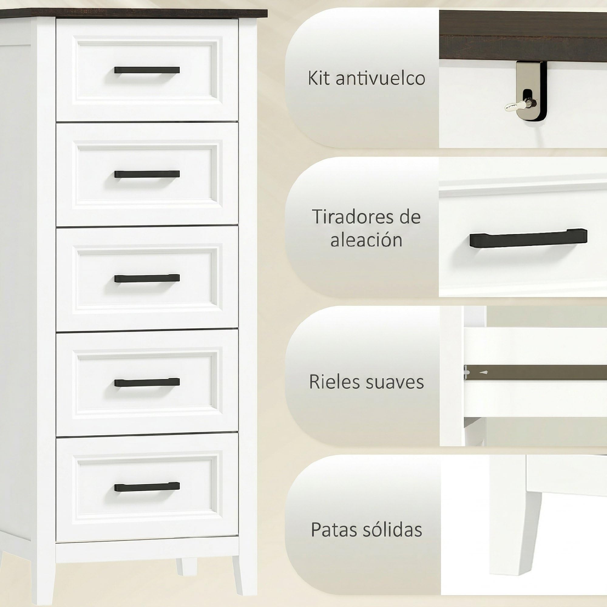 HOMCOM Cómoda 5 Cajones, Cómoda Dormitorio Estrecho y Alto con Encimera Efecto Madera, Cajonera para Espacios Pequeños, Salón, Oficina, 45x35x106 cm, Blanco