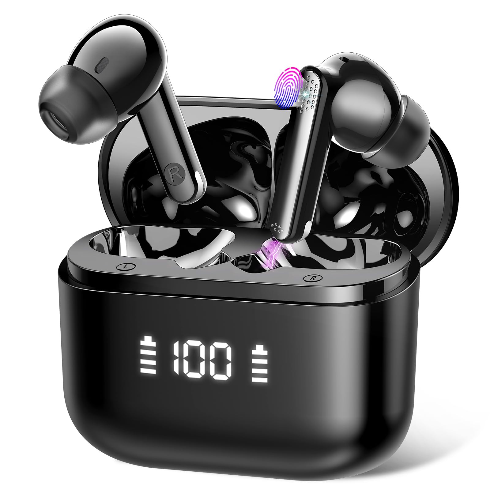 Auriculares Inalámbricos Bluetooth, Auriculares Bluetooth 5.3 con HD Micrófono, HiFi Estéreo, 40H Cascos Inalámbricos con Reducción de Ruido ENC, IP7 Impermeable Auriculares, Pantalla LED, Negro