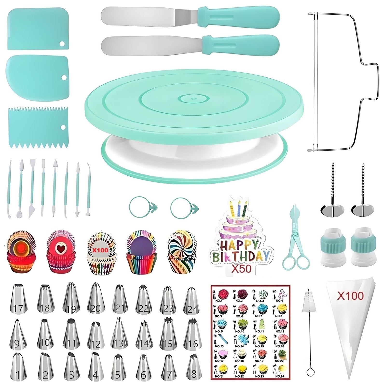 ANSLYQA Juego de 125 puntas y bolsas de glaseado con 48 puntas pequeñas numeradas, 5 puntas grandes, 1 punta de hierba, 1 punta de hojaldre crema, 50 bolsas de pastelería, 3 acopladores, 3