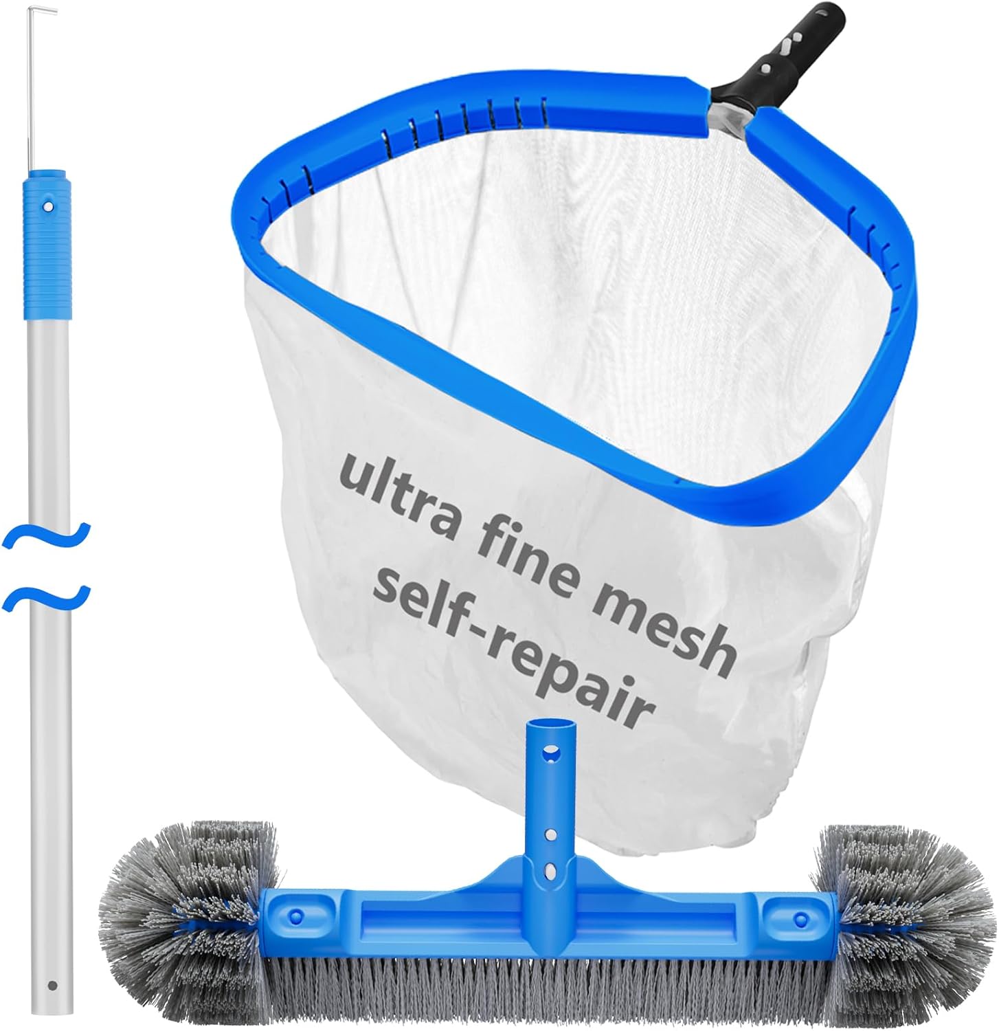 3-in-1 TidyMister Pool Cleaning Kit – 18'' Pool Net with Deep Bag & 18'' Pool Brush Head & 9'' Ultra Fine Mesh Skimmer Net, Cleaning Set for Above Ground Inground Pools, Spas, Hot Tubs