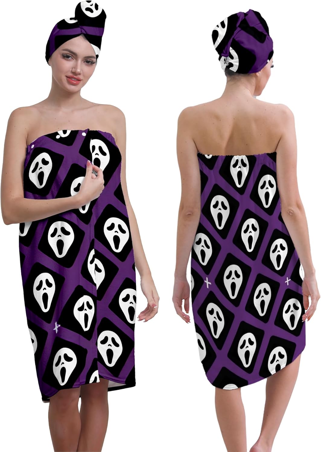 Bath Towel Wrap with Hair Turban Set, Purple and Black Horror Spooky Face, 31.5x59 inches, Fits Chest 39-59 inches