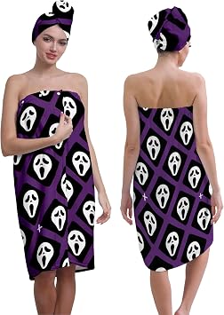 Bath Towel Wrap with Hair Turban Set, Purple and Black Horror Spooky Face, 31.5x59 inches, Fits Chest 39-59 inches