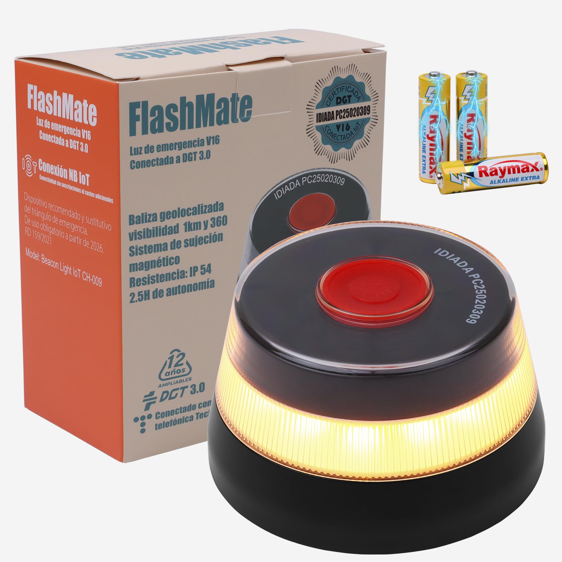 Azhien Luz Emergencia Coche Homologado DGT |Baliza V16 Homologada DGT con Geolocalización | Luz avería coche [Visibilidad 1 Km] Baliza V16 con GPS,1 Unidad（3 Pilas AA Incluidas）