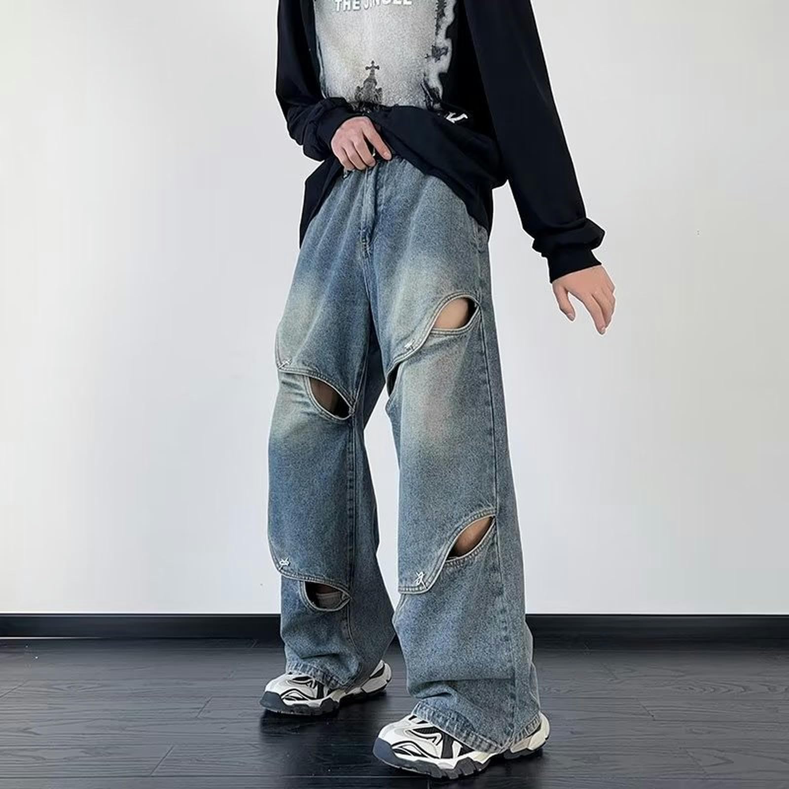 Jeans a Gamba Larga High Street da Uomo con Design Cavo - Blu - M
