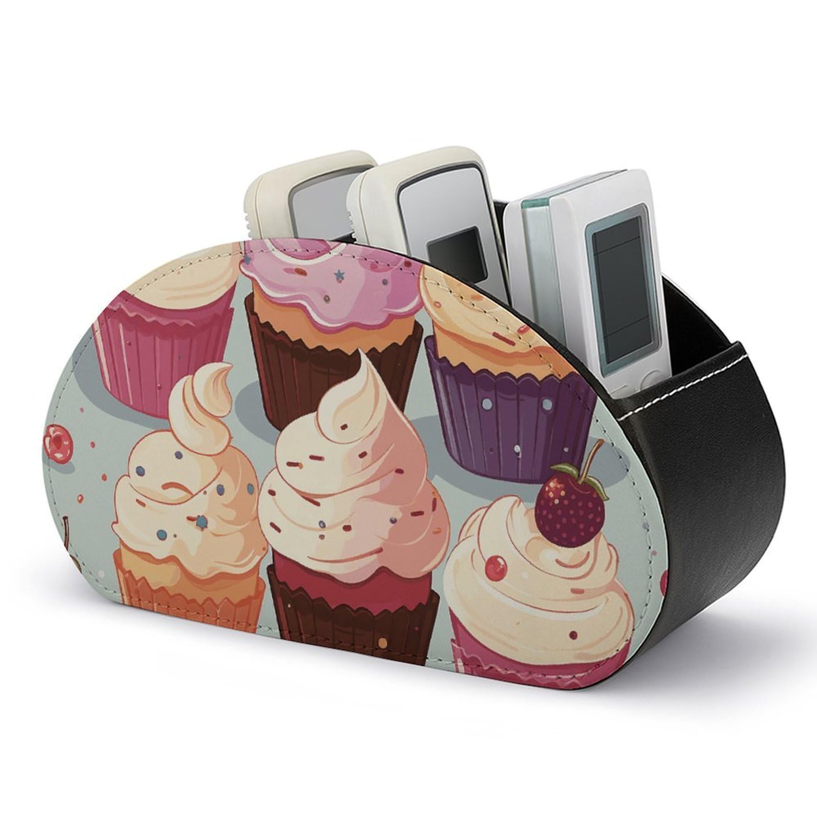 VstaDank Delicious Cupcakes Remote Control Holder with 5 Compartments PU Leather Remote Caddy Desktop Organizer Store TV Remote Control Storage Box for Home Office Desk Nightstand