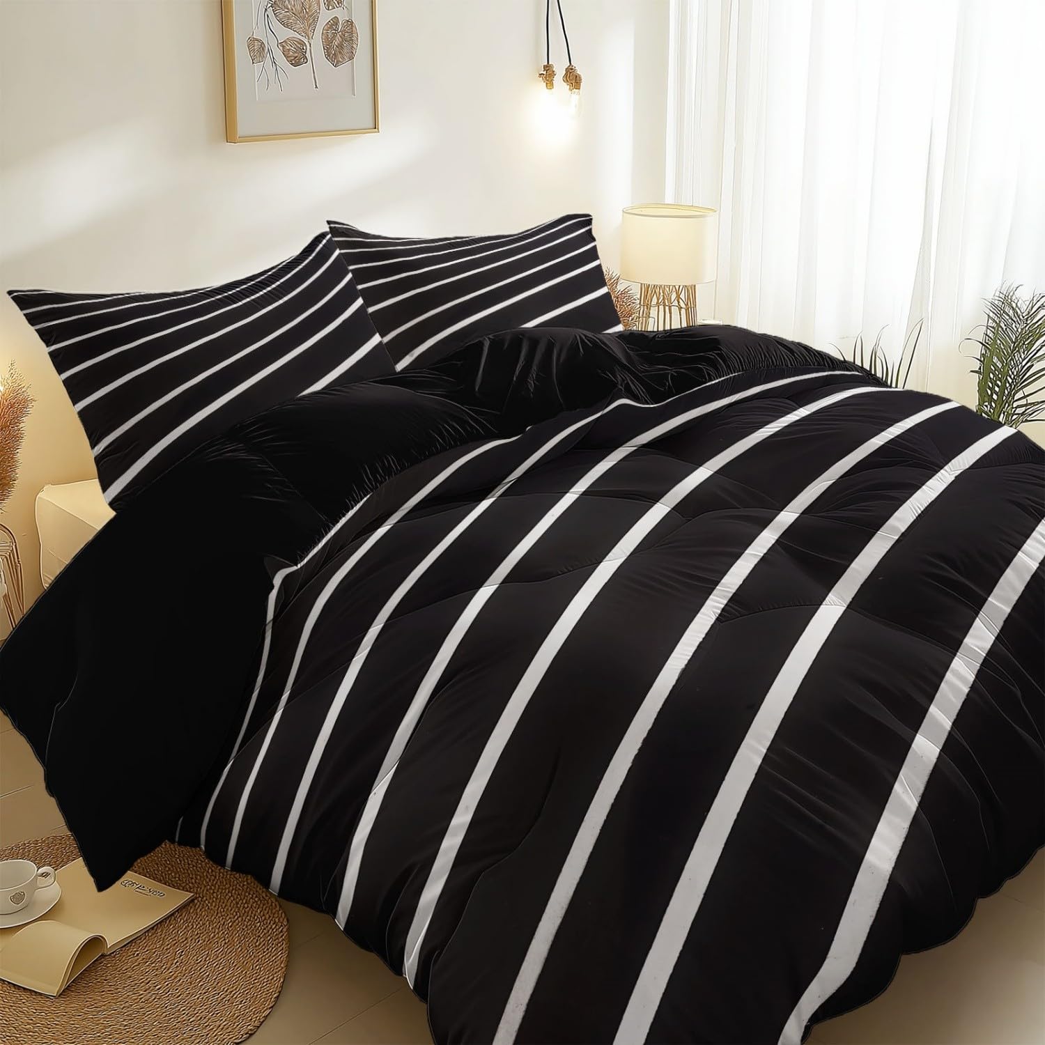 155x220 cm Bettwäsche Schwarz mit Streifen Linien Muster, 3-teiliges Set Mikrofaser Deckenbezug & 2 Kissenbezug 80x80 cm, Hautfreundlich & Warm Minimalismus Bettbezug für Teenager