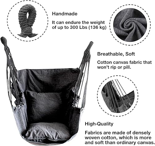 Miniatura 8 de Silla hamaca colgante con cuerda, máximo 300 libras silla colgante con bolsillo, tejido de algodón de calidad para mayor comodidad y durabilidad,