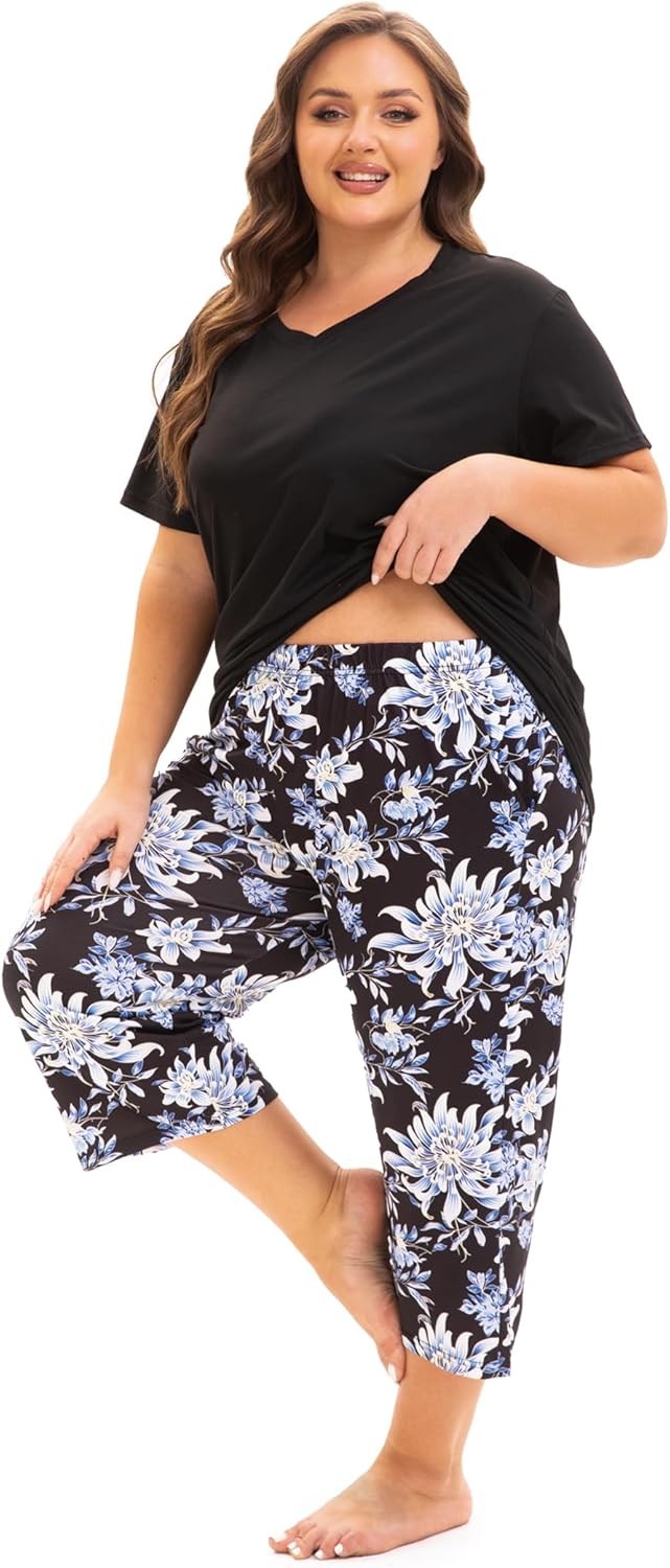 Plus Size Pajamas for Women Set, Womens Plus Size Short Sleeve V Neck Capri Pants Pajama Sets with Pockets - Image 6