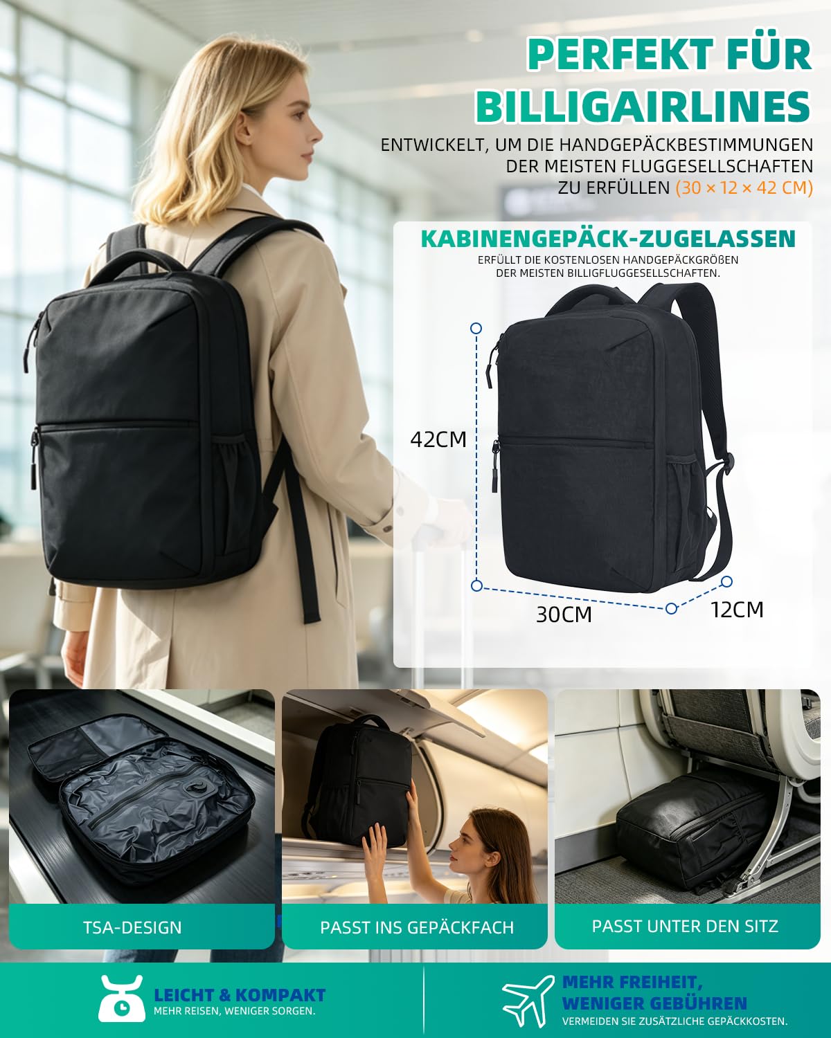 KINGSLONG Vakuum Rucksack Handgepäck: Reisetasche mit USB-Vakuumkompression | ohne Pumpe Wasserdichter Laptop Rucksack für 16 Zoll Notebook, Kabinenrucksack für Flugzeug, Business & Reise