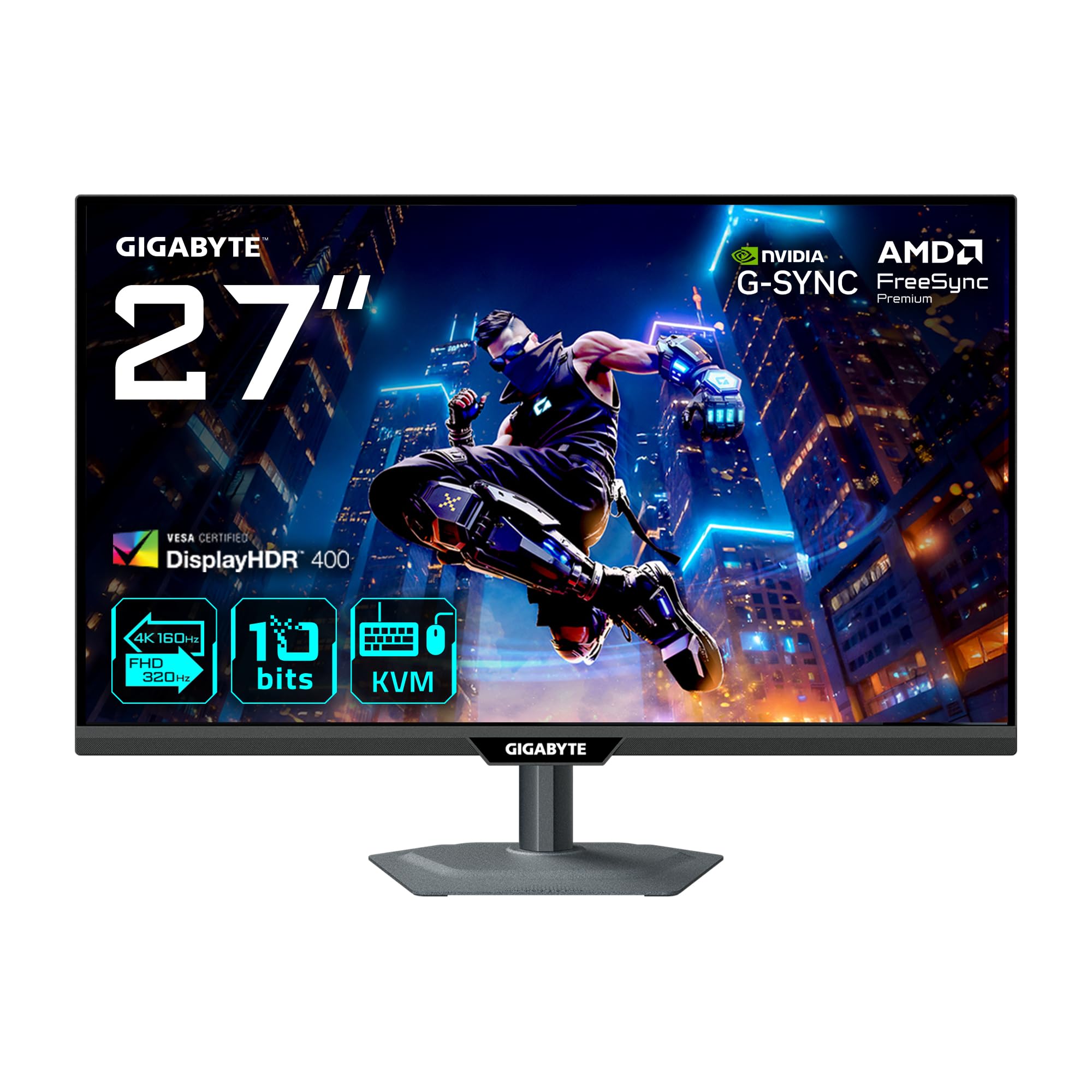Gigabyte M27UP 27” 4K UHD Gaming Monitor - Dual Mode (4K 160Hz or FHD 320Hz), 3840 x 2160, 1ms, 350 cd/m², FreeSync Premium, DisplayHDR400, HDMI 2.1, Displayport 1.4