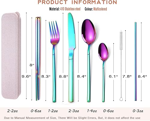 Miniatura 7 de AARainbow - Juego de cubiertos de acero inoxidable de 6 piezas, transportables, reutilizables, utensilios de viaje, incluye palillos, cuchillo,