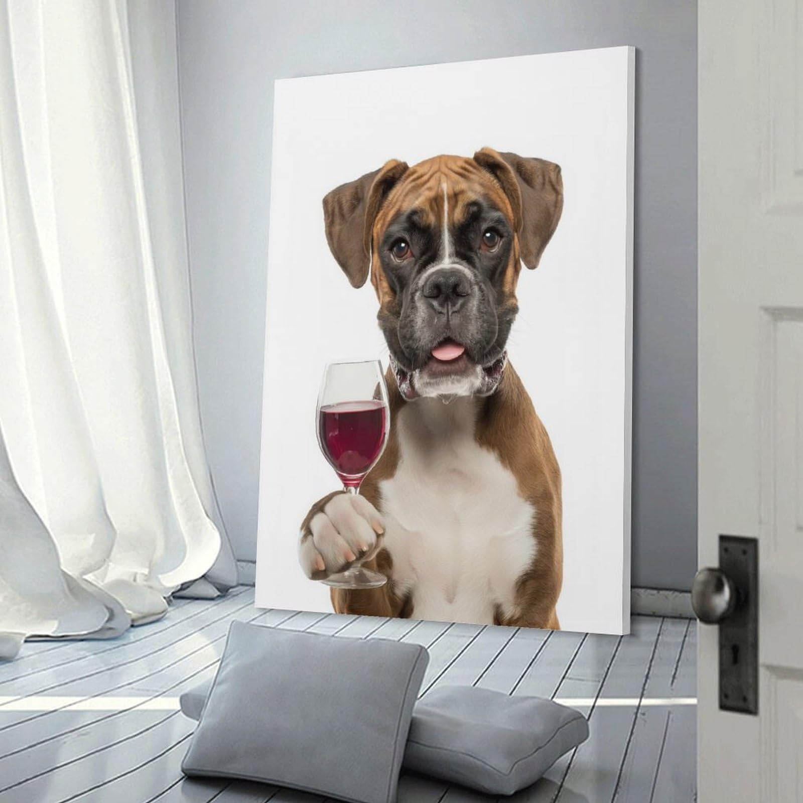 Junmoney Frame-Boxer Dog With Wine Glass Boxer Dog With Wine Glass Home Decor Wall Art 20X30inch(50X75cm), For Hallway, Bedroom Or Modern Interiors, Canvas Artwork With Gifting Potential