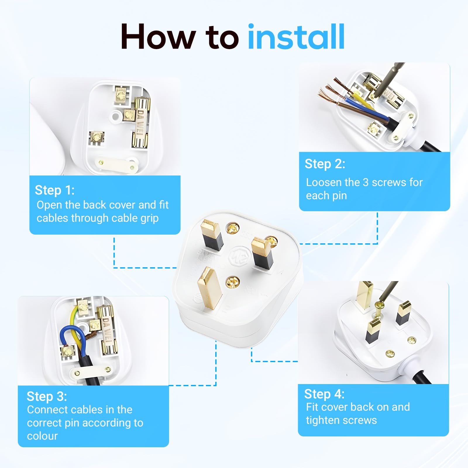 3 Pin Plug UK, 10 Pack 13 Amp Plug UK with Fused Mains, Cord Grip Rewireable Heavy Duty plugs, Flame Retardant - Image 2
