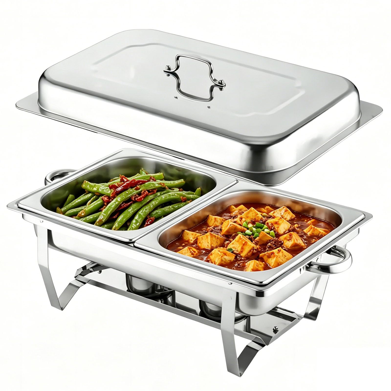 Juego de Buffet con Fiambrera de Acero Inoxidable de 11L, Contenedor para Calentar Agua y Comida con Cuenco, Tapa y Estufa de Alcohol, para Uso en Buffet, Banquete, Boda, Cena y Fi 2-Compartment, 11L