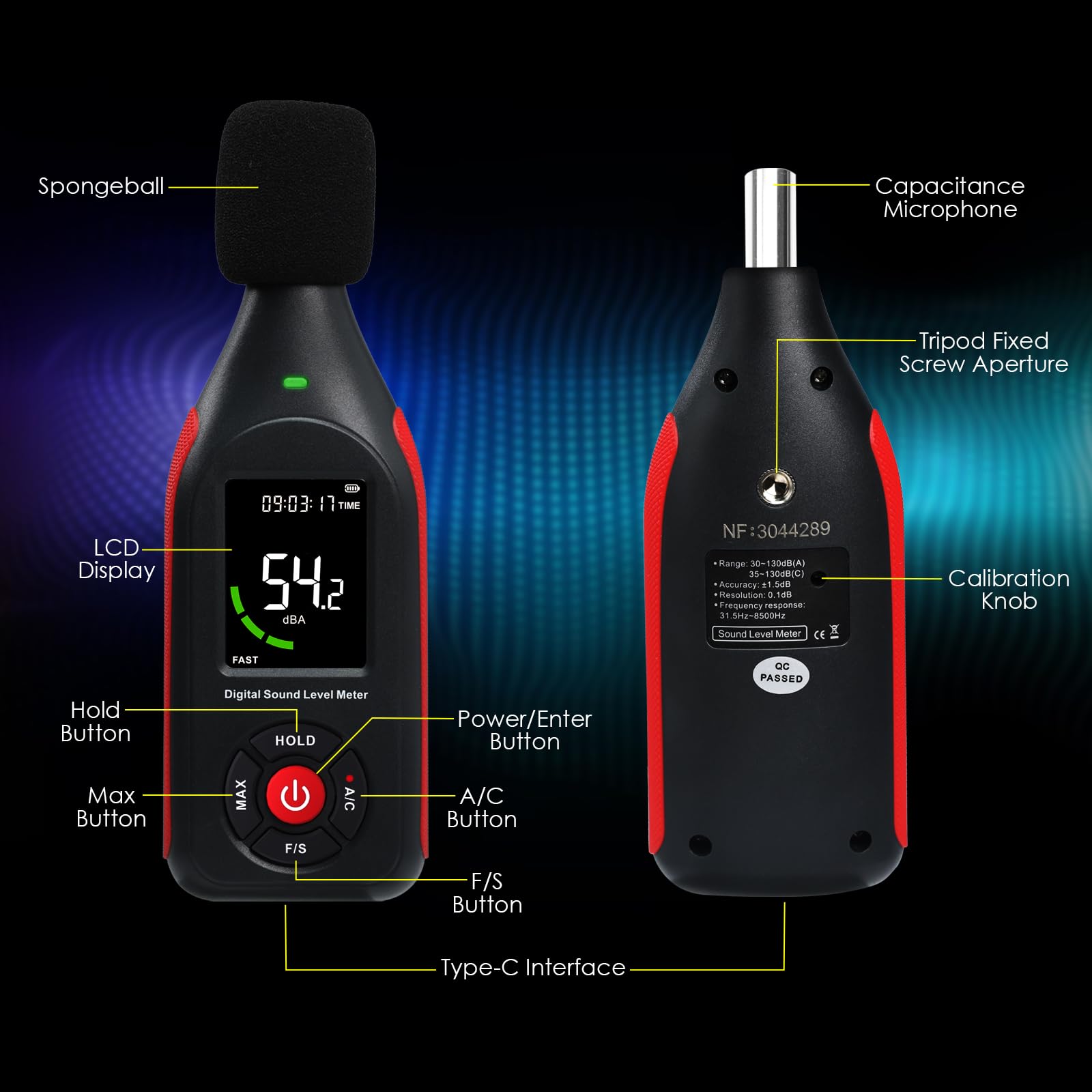 Misuratore di rumore acustico Misuratore di livello sonoro Misuratore dB SPL Misurazione del rumore ambientale in tempo reale, frequenza A/C 31.000 registrazioni di dati Misuratore di decibel.