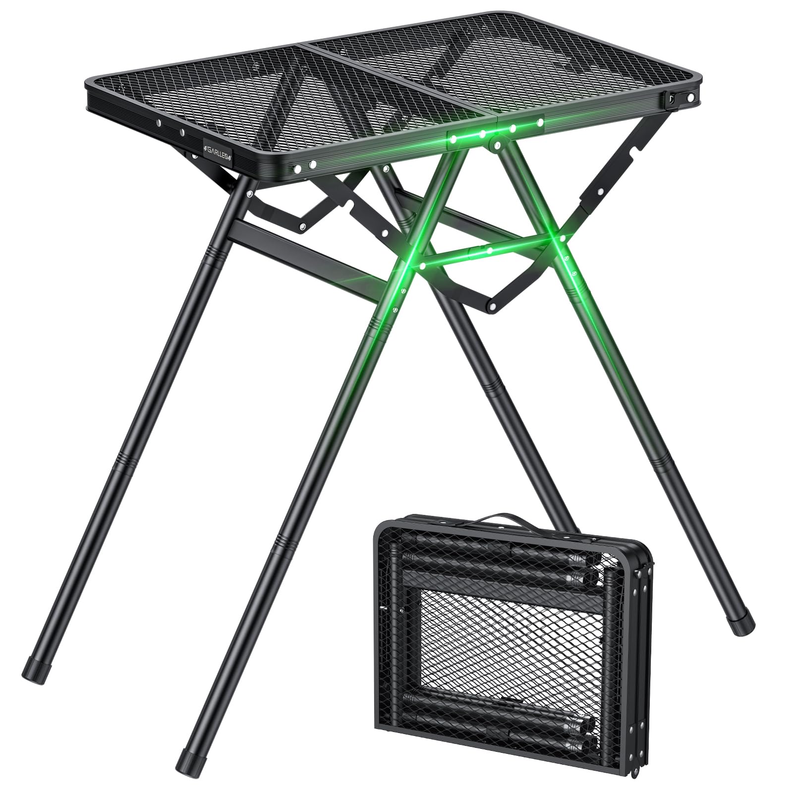 GARLLEN Tavolo Pieghevole per Barbecue,60x40 cm,3 Altezze Regolabili (25/48/71 cm),Supporto a Forma di X,Tavolo da Giardino in Alluminio,Nero,per Pesca Picnic Spiaggia