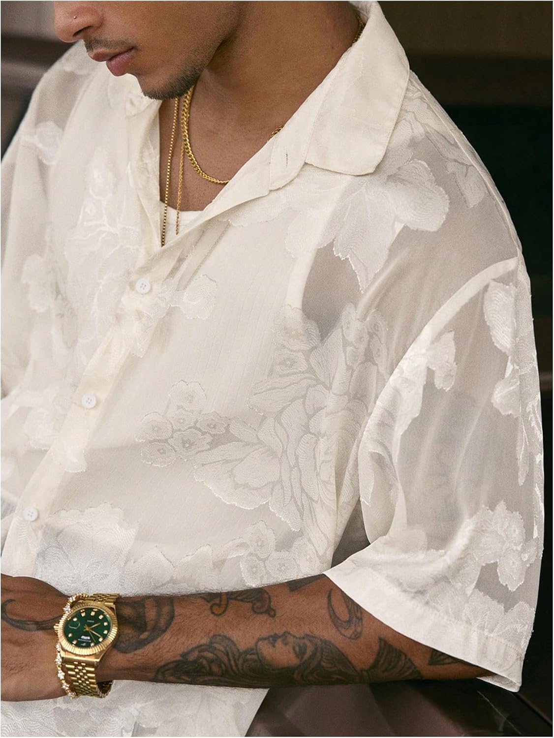 Men's Floral Button Down Shirts Y2k Sheer Mesh Half Sleeve Cropped Shirt Collar Loose Casual Boho Tops - Image 4