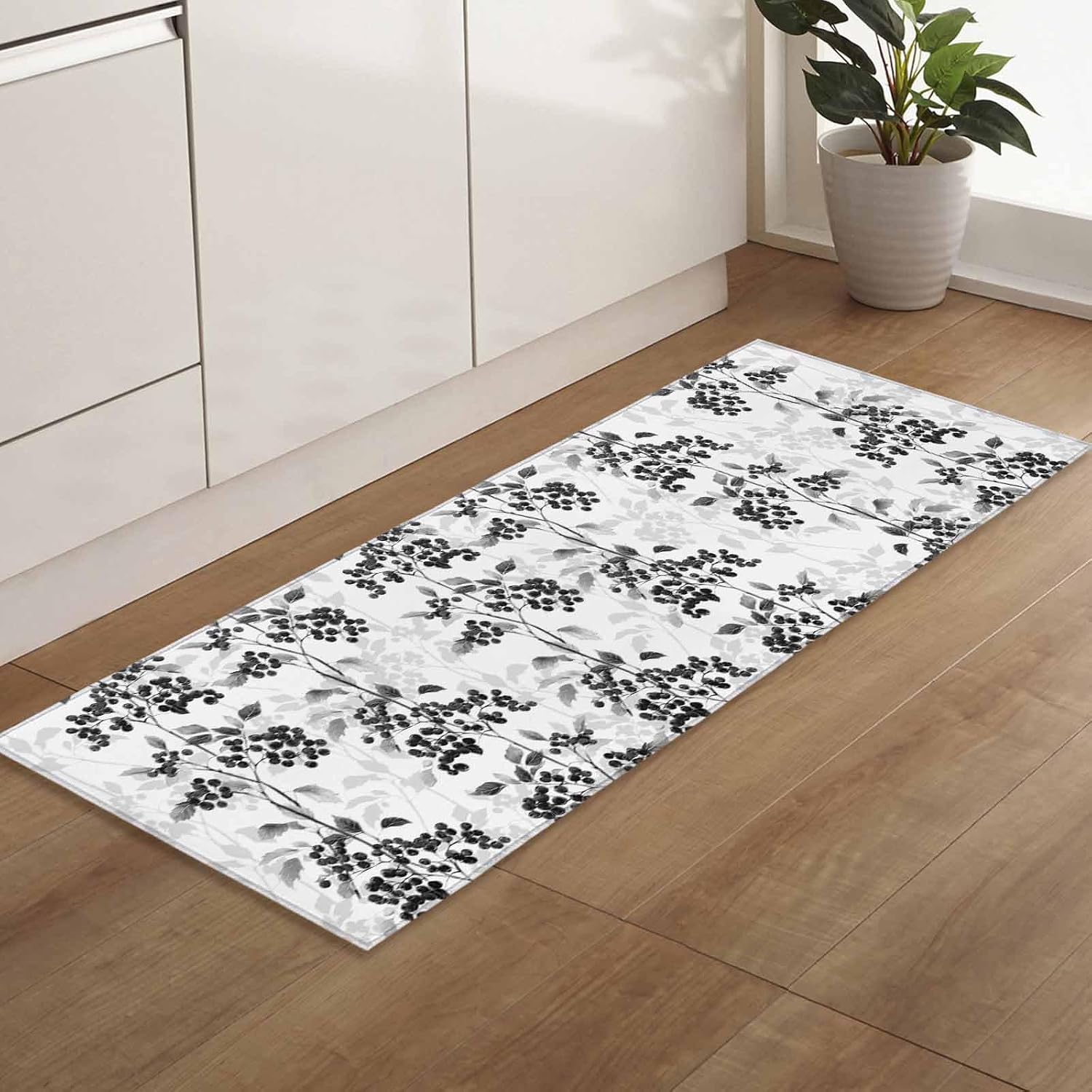 2 Pieces Kitchen Rugs and Mats,Watercolor Chinoiserie Fruit Plant Area Runner Rug Set Non Slip Floor Doormat Washable Carpet Standing Mat for Kitchen Sink Indoor Corridor,Retro Black Grey Botanical