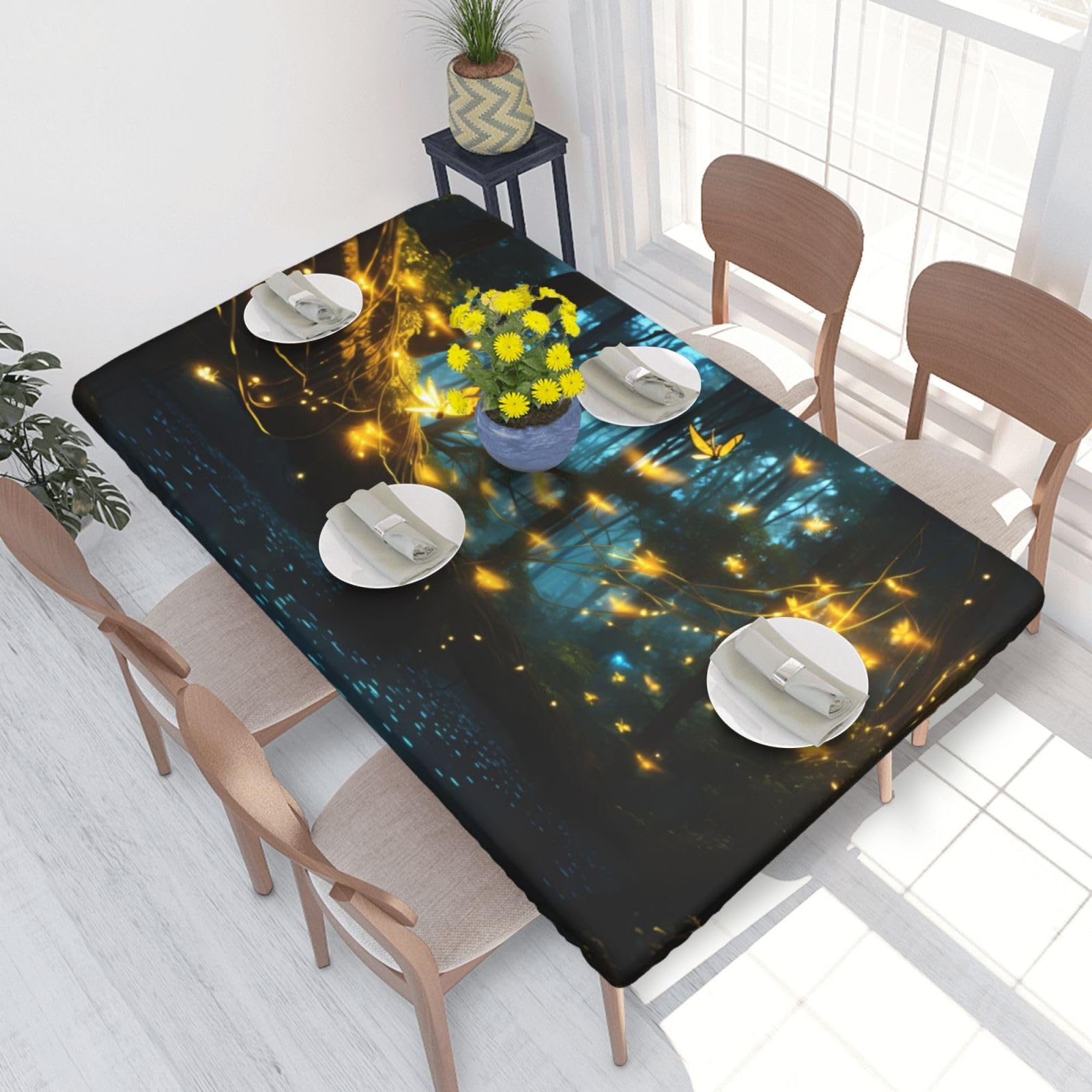Fireflies Waterproof Square Table Cover Elastic Fitted Tablecloth Oil Proof Table Protector For 4ft Table
