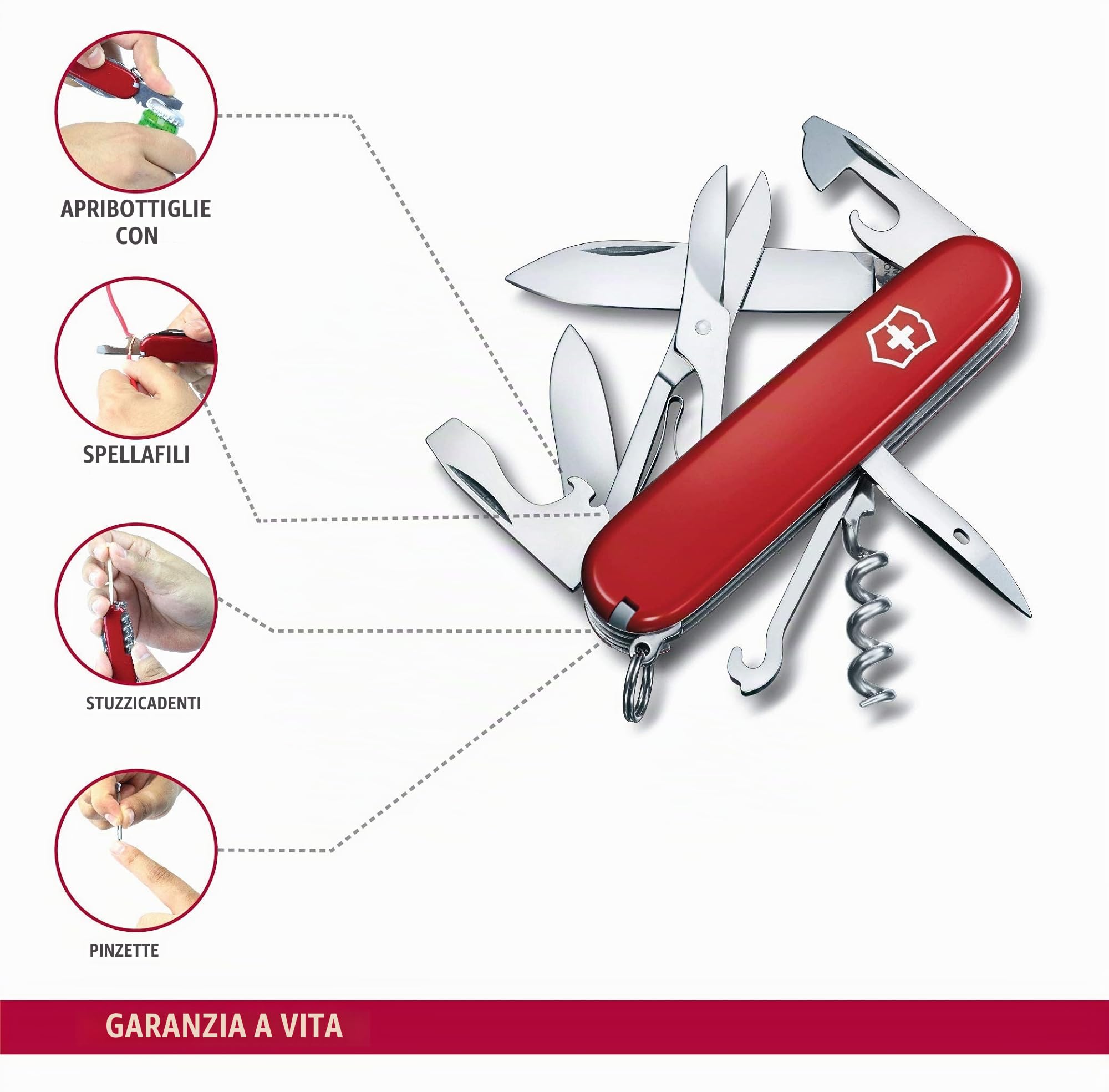 Victorinox Coltellino Svizzero Climber, 14 Funzioni, Made in Switzerland, Multiuso con Forbici, Lama, Apriscatole, Cacciavite, Apribottiglie, Rosso