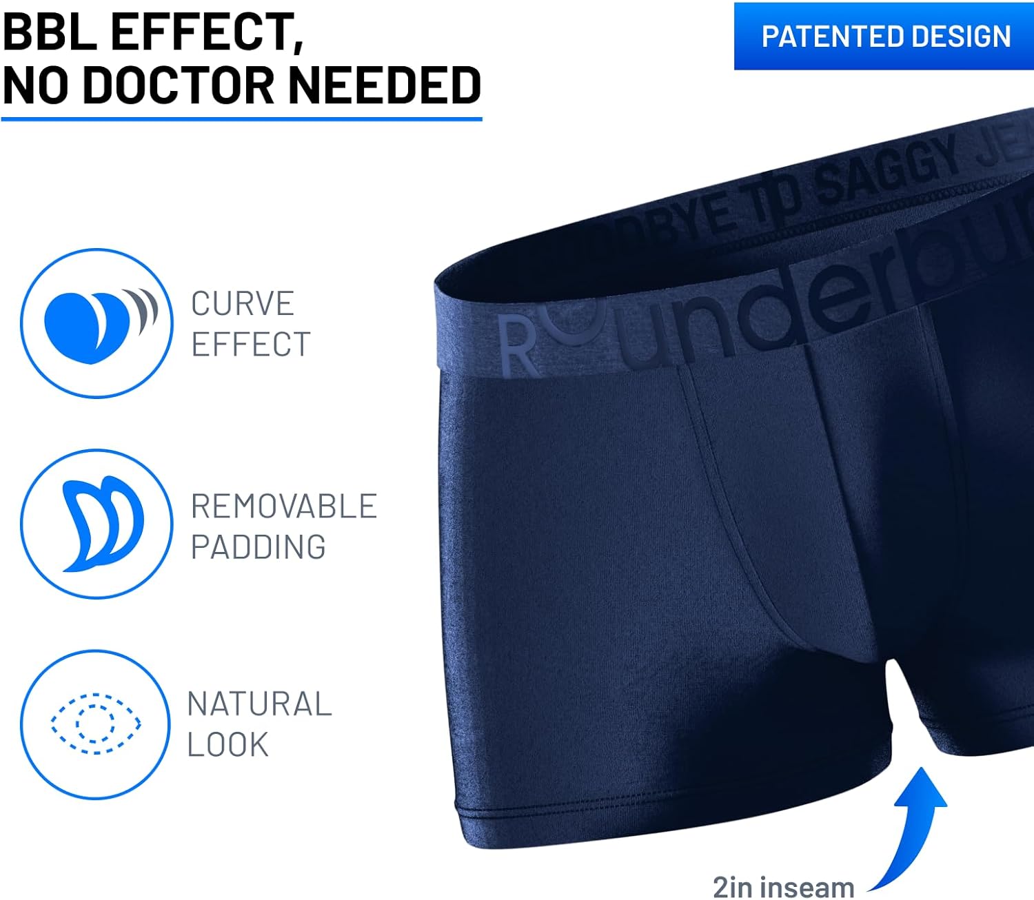 Rounderbum Men's Padded Underwear Trunks with Removable Butt Enhancing Pads - 3 Colors - More Volume Instantly, Short Inseam - Image 5