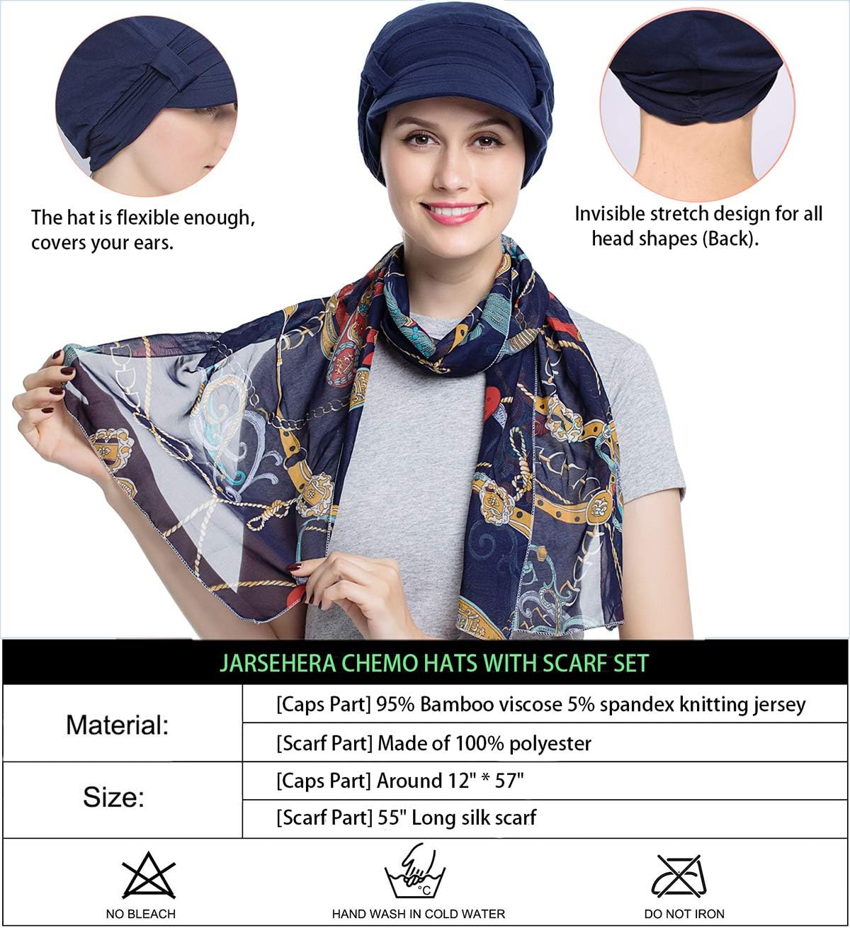JarseHera Chemo Hats for Women Bamboo Cotton Lined Newsboy Caps with Scarf Double Loop Headwear for Cancer Hair Loss - Image 2