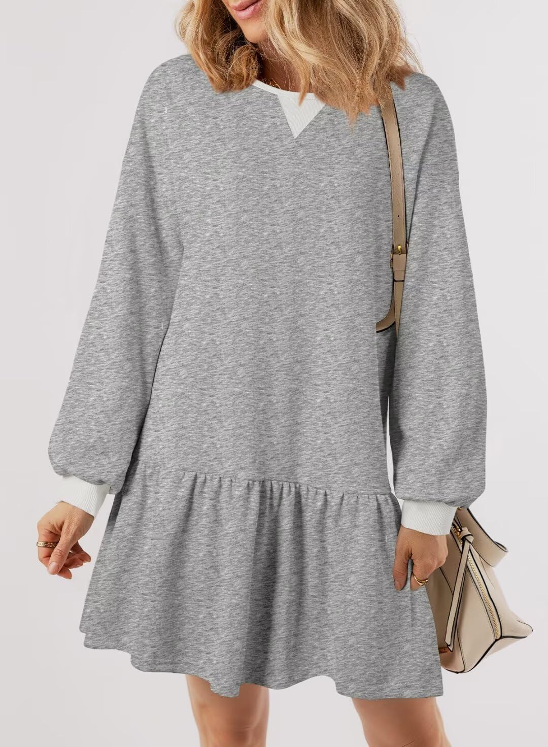 BLENCOT Womens 2025 Fall Long Sleeve Pullover Tops Crewneck Rib Knit Patchwork Sweatshirt Dress Casual Mini Dresses