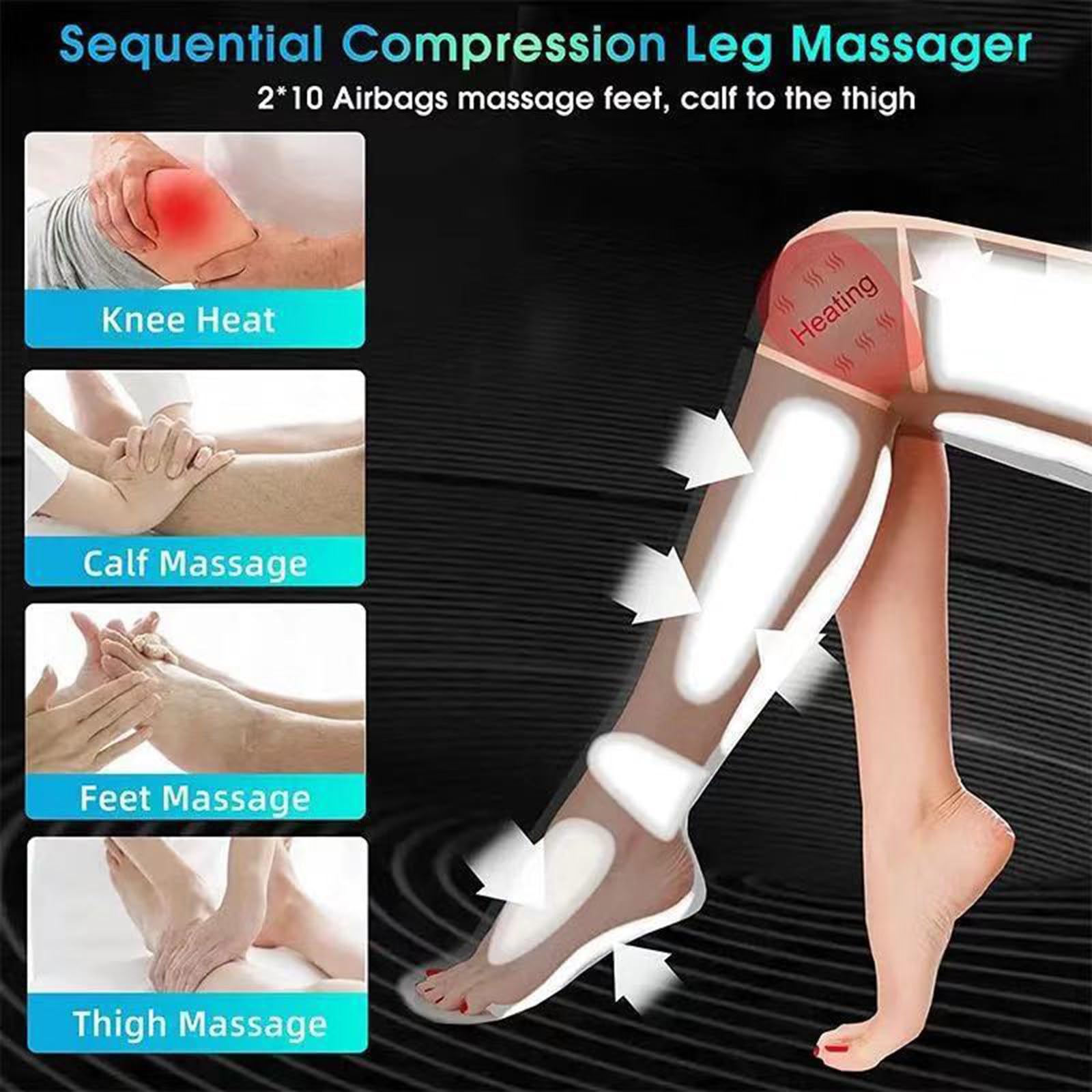 Masajeador de piernas para circulación de calor, masaje de compresión de pies de muslo de pantorrilla, diseño de envoltura ajustable, relaja los músculos del dolor de piernas