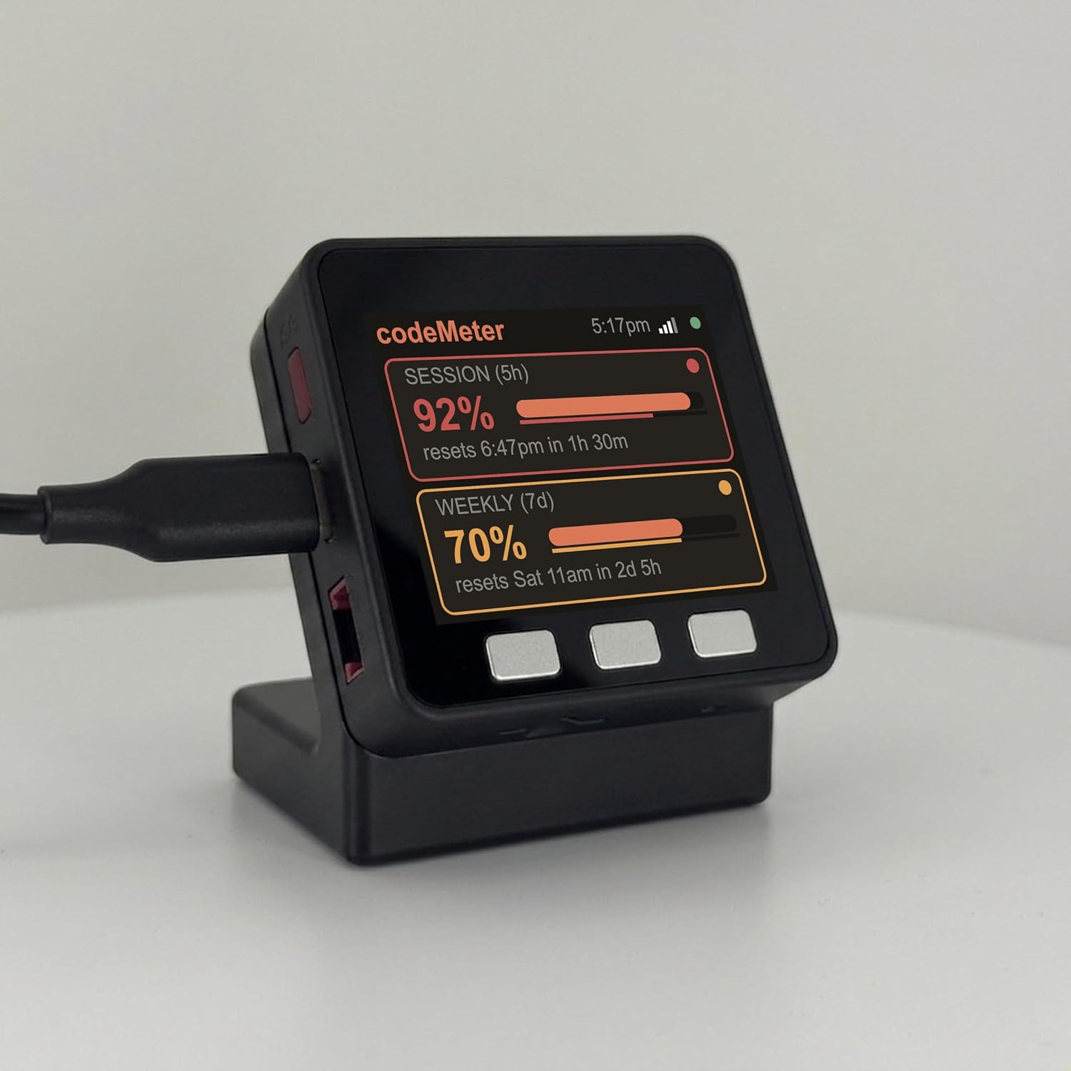codeMeter Claude Code Usage Monitor, WiFi AI Coding Limit Tracker, 5 Hour and Weekly Usage Display, Anthropic Usage Meter, Developer Desk Gadget, Vibe Coding Gift (USB-C Black)