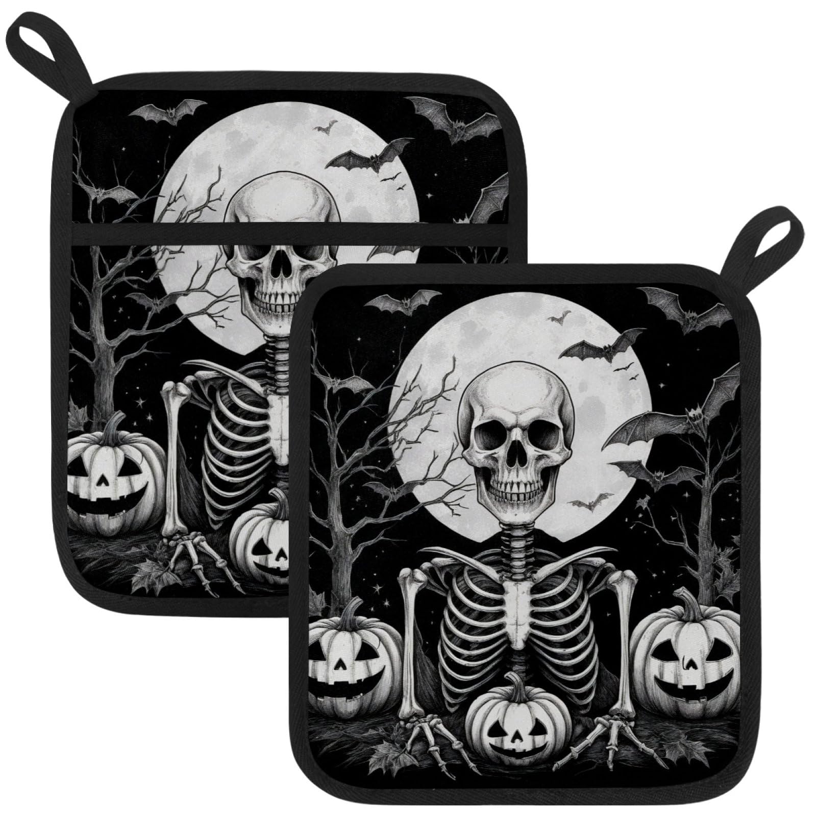 VAPOKF Halloween skeleton Pot Holders with Pocket for Kitchen Heat Resistant Potholders Large Polyester-Cotton Square Oven Mitts Set