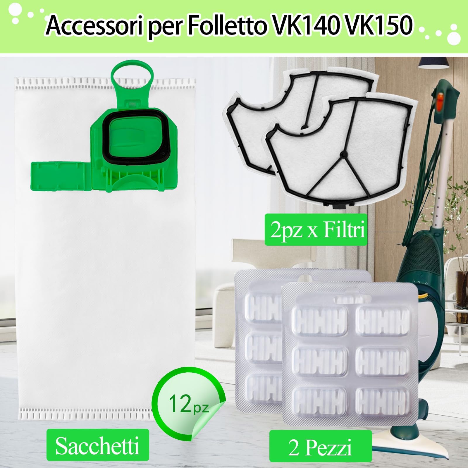 Set 12 Premium Sacchetti per aspirapolvere + 12 Profumi + 2
