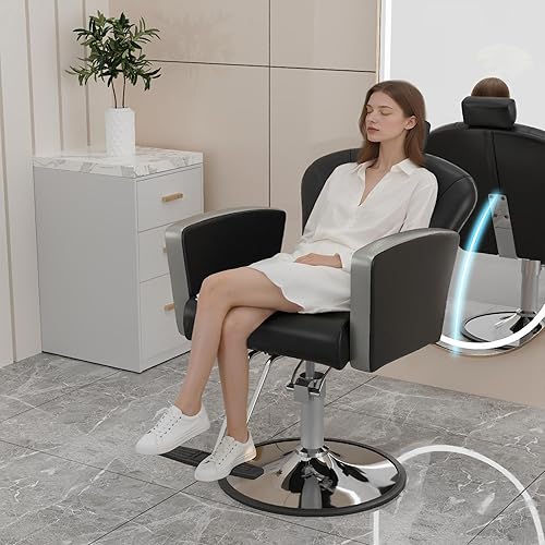 Miniatura 50 de KIGOTY Silla de salón para estilista, silla reclinable con bomba hidráulica, sillas giratorias de 360 grados con reposapiés y reposacabezas
