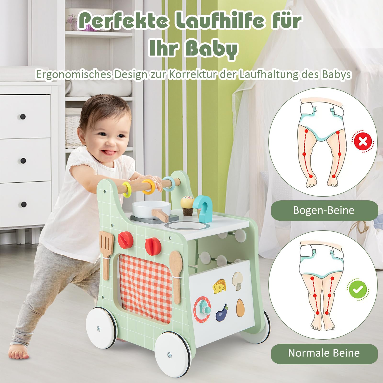 COSTWAY 6 in 1 Lauflernwagen aus Holz, Lauflernhilfe mit Spielküche, Lernuhr, Formanpassung & beweglichem Schieber, Kinderküche Baby Walker mit Rädern für Kinder ab 1 Jahr (Grün)