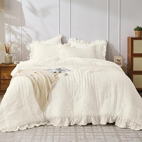 JOLLYVOGUE Ivory Twin Size Comforter Set, 2 Pieces Seersucker Lightweight
