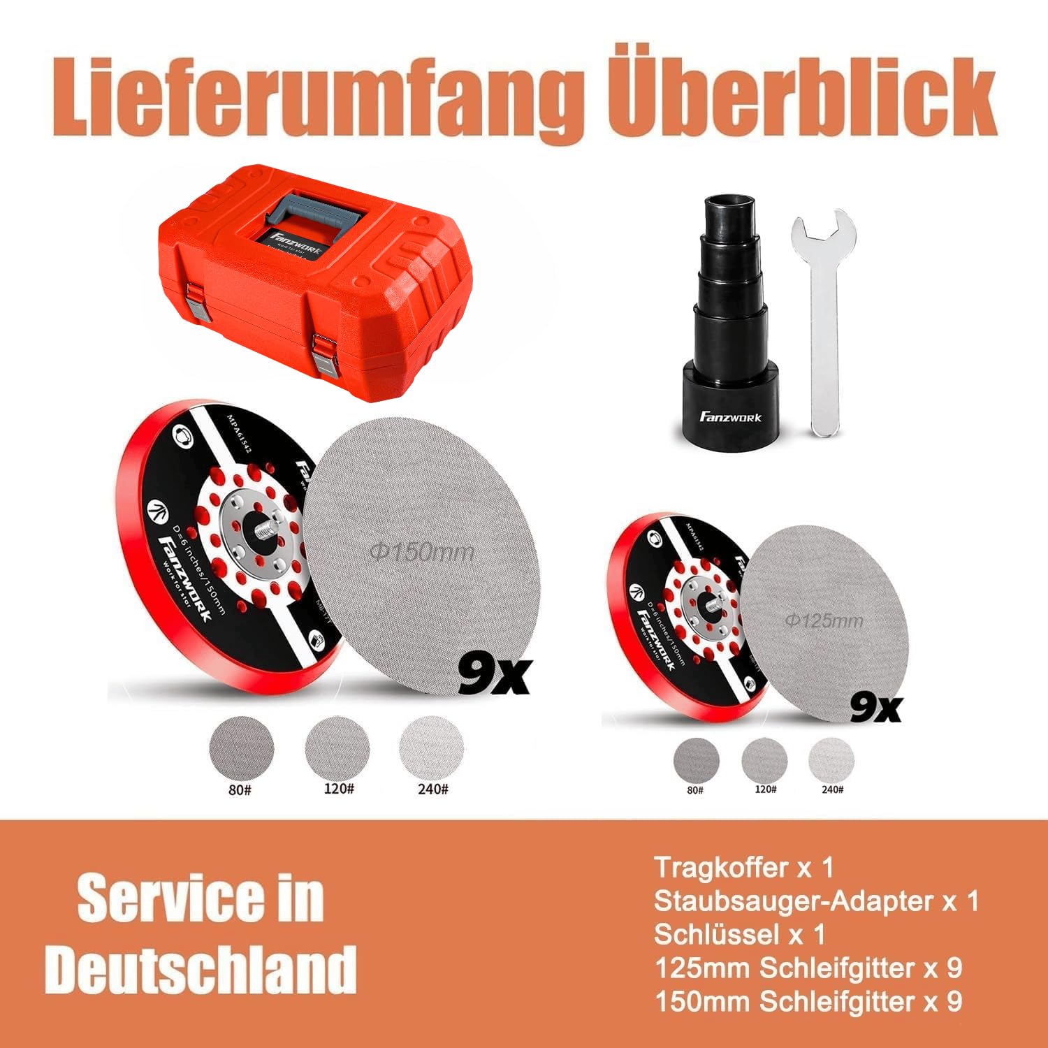 FANZWORK Bürstenloser Exzenterschleifer HG0024,mit 125mm/150mm Schleifteller,5mm Schleifhub, 7-Stufiger Drehzahlregelung bis 10.000 U/min, TELLER-BREMSE, 18x Schleifgitter, Tragkoffer