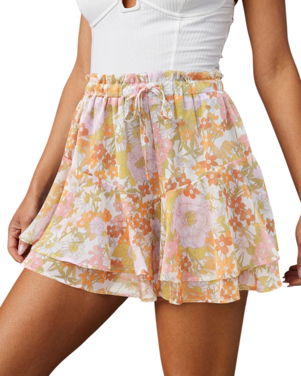 Aoudery Flowy Shorts for Women Casual Boho Floral Skorts Ruffle Mini Skirts Running Tennis Butterfly Chiffon Shorts