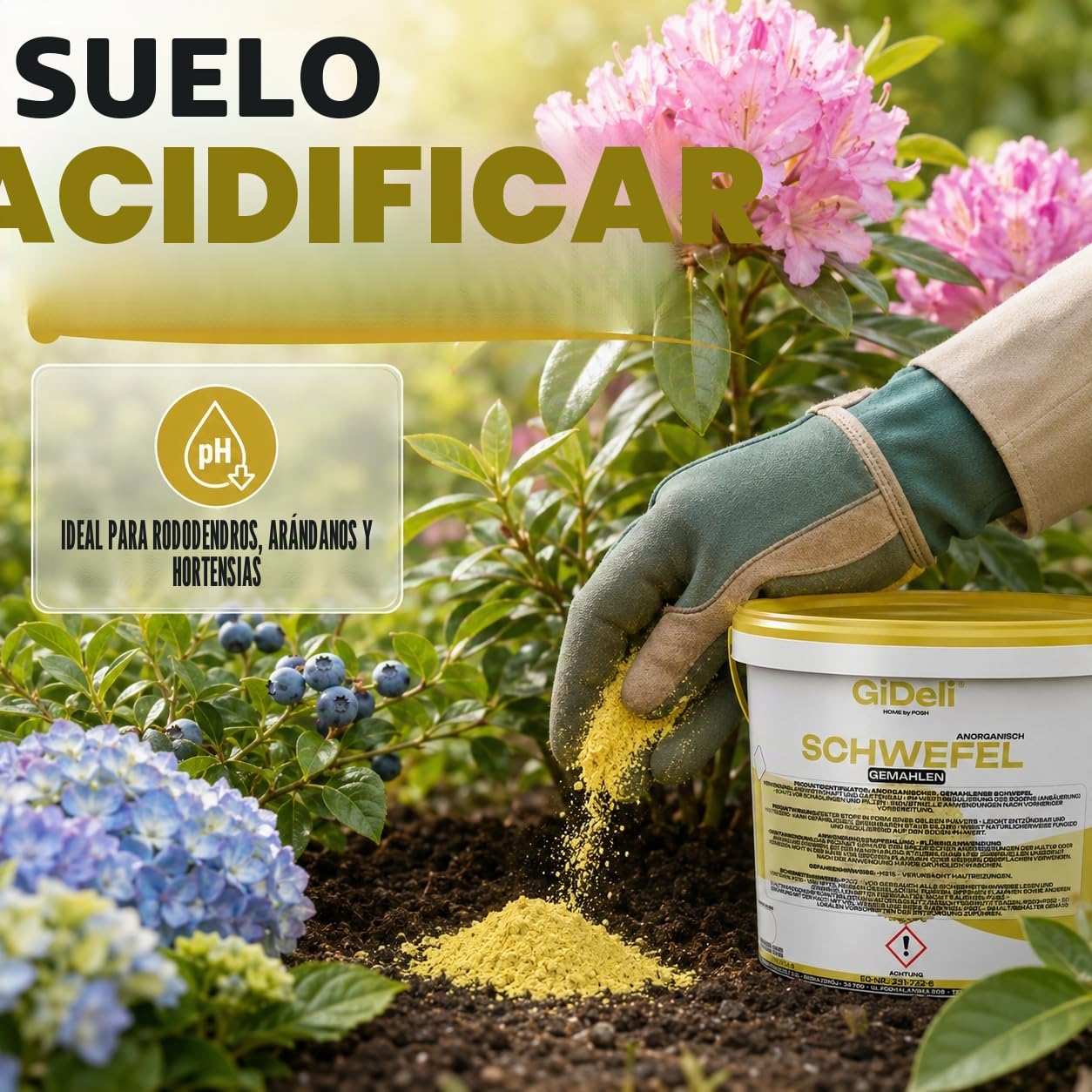 GiDeli Polvo de azufre 10 kg - Inorgánico 99,9 % fino - Para la industria cosmética - Mantenimiento del suelo - Azufre en un cubo