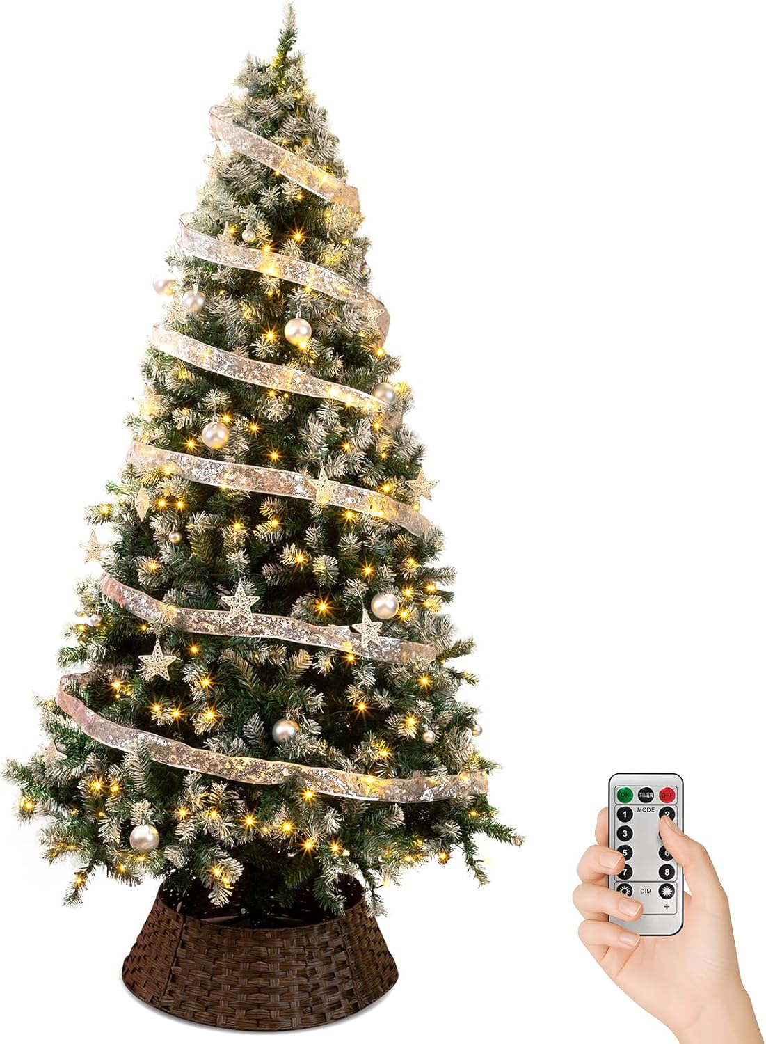 Karl home 7.5 FT Artificial Snow Tipped Christmas Tree with DIY 350 Warm Lights Remote Control, Hinged Xmas Pine Tree with Silver Ribbon Ornaments for Holiday Party Office Home, Green & Snow Tipped