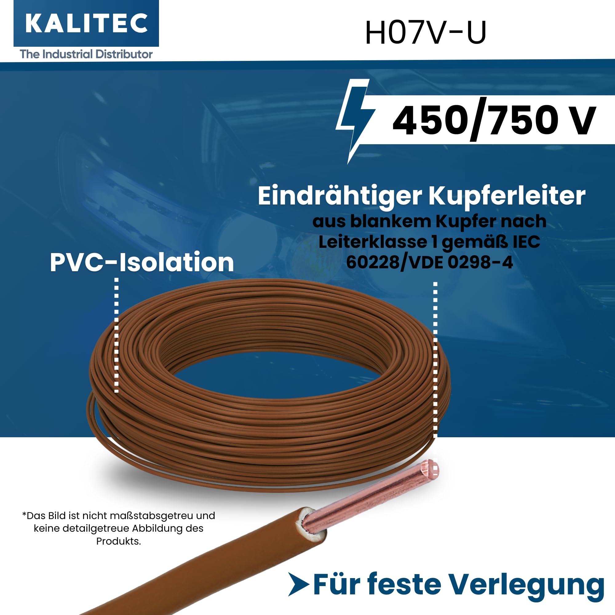 Kalitec 100m H07V-U 1 x 1,5 mm² Brązowy - Przewód Jednożyłowy Sztywny | Kabel miedziany 450/750V do szaf sterowniczych i lamp, ognioodporna izolacja PCW, montaż podtynkowy i w rurach