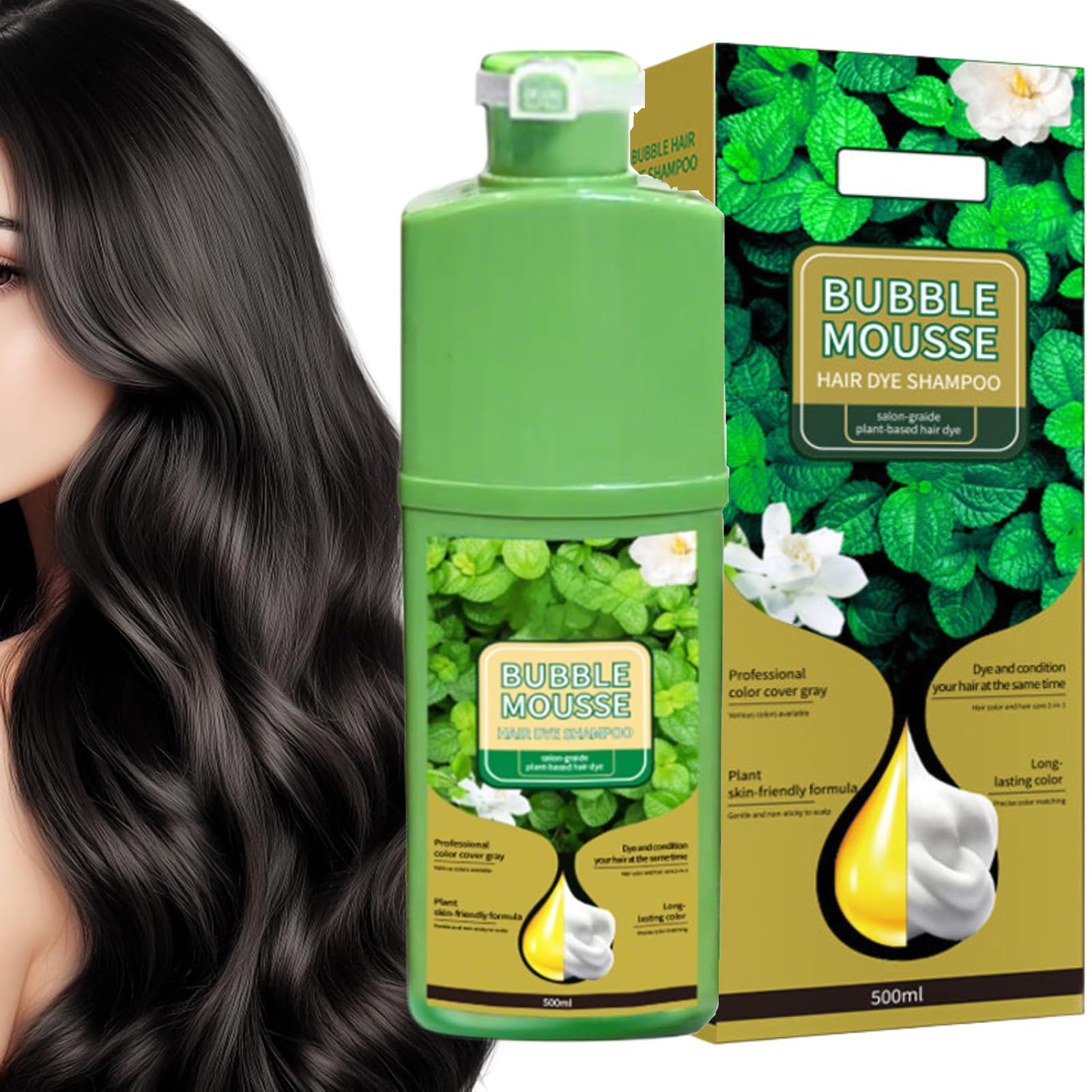 Bubble Mousse Shampoo, 500ml Bubble Mousse Hair Dye Shampoo, Langlebig Pflanzliche Schaumhaarfarbe, Schnell Wirkende Haarfärbefärke Blasen Haarfarbstoffe Für Alle Haartypen (Schwarz)