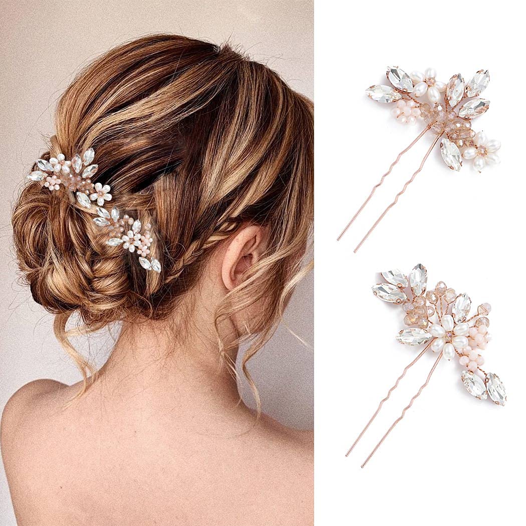Unicra Bride Wedding Hair Pins Bridal Flower Hair Pieces Crystal Hair Accessories Pearl Party Hair Clips Rhinestone Hair Jewelry Bead Headpiece for Women and Girls ( Pack of 2) (Rose Gold)