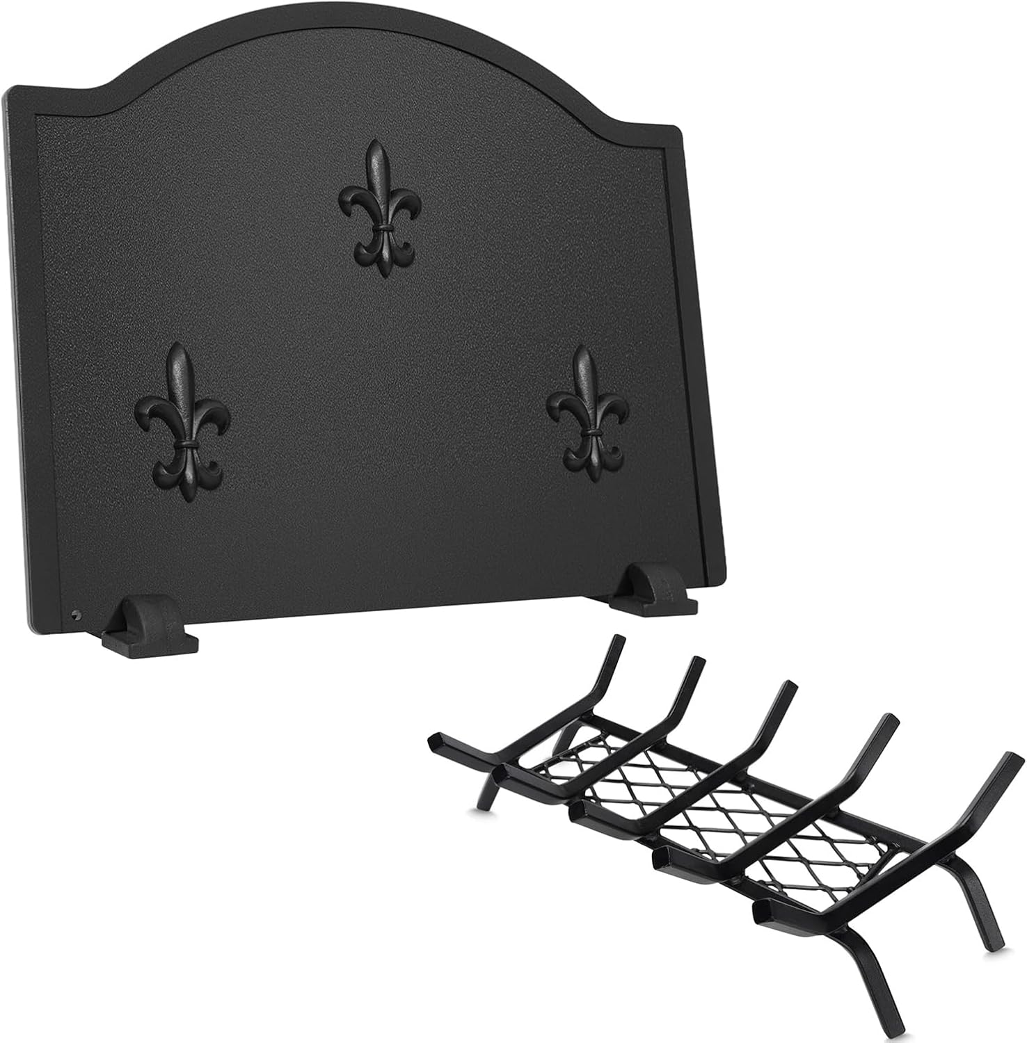 Bundle of 20" Heavy Duty Cast Iron Fireplace Grate with Ember Retaine, and 22.5" Firebacks for Fireplace, Steel Fireplace Back Plates with Feet