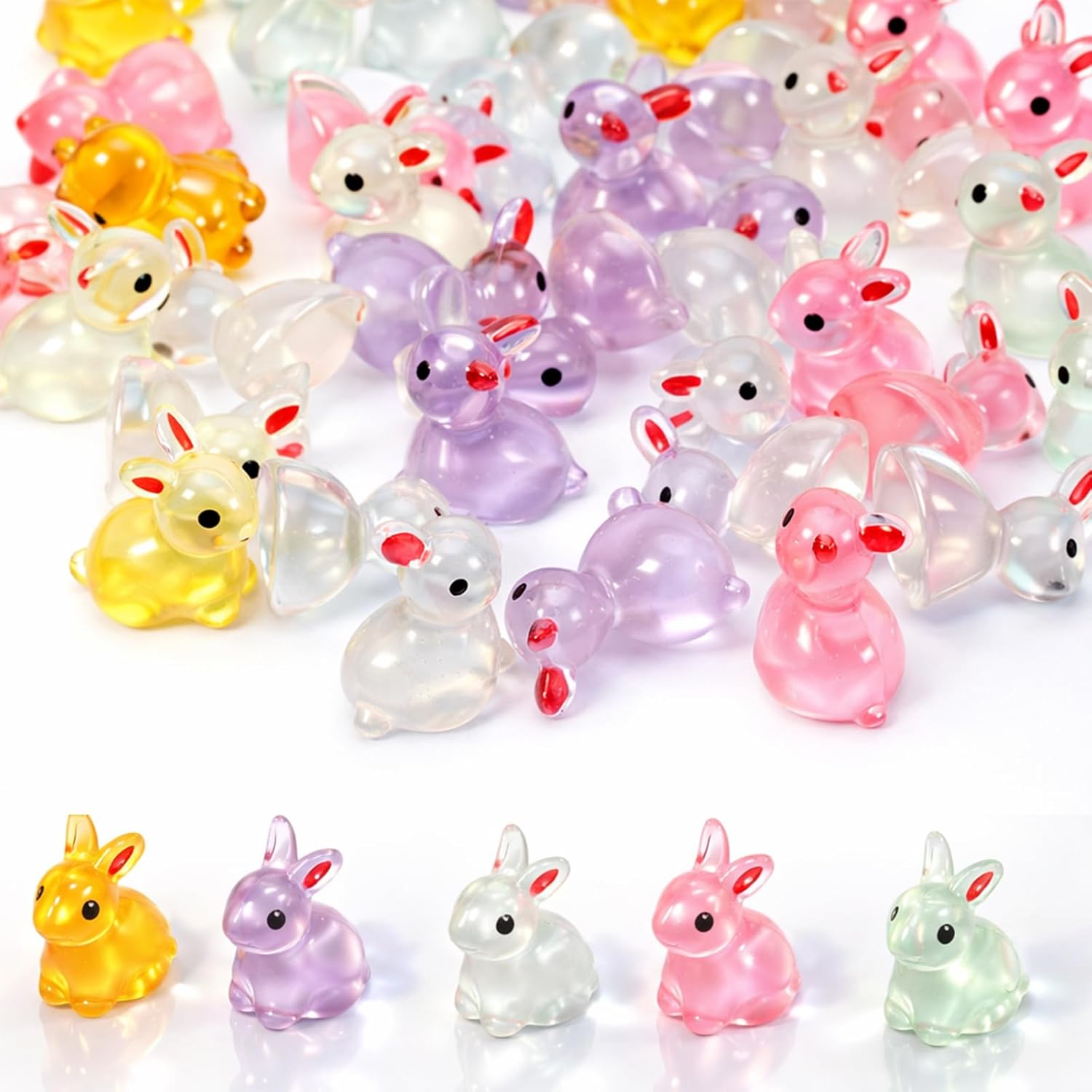 60Pcs Easter Luminous Mini Resin Bunny, Mini Resin Animal Figures Rabbits for Fairy Garden Dollhouse Decor Easter Egg Fillers Party Favors Supplies (6 Colors)