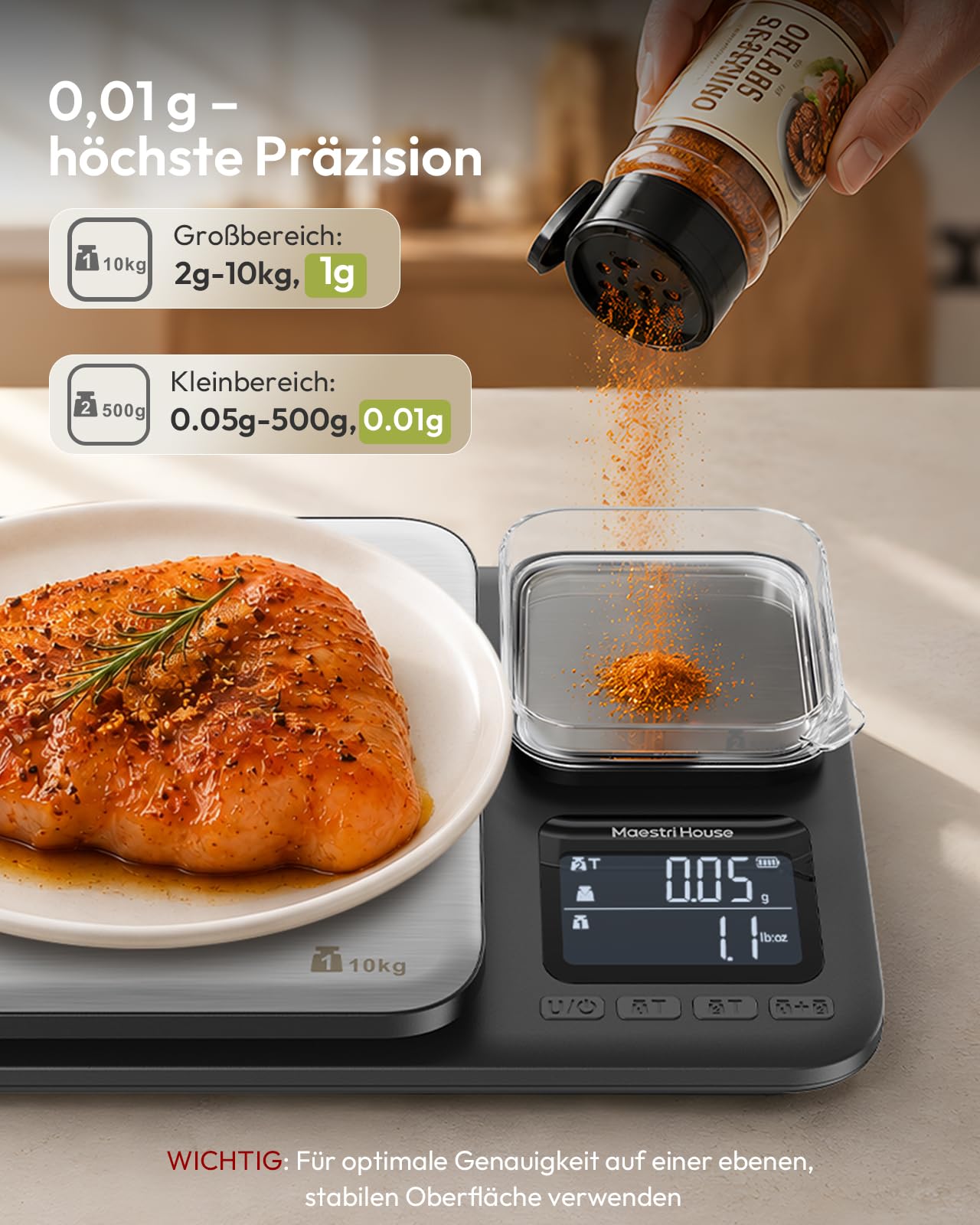 Maestri House Küchenwaage mit zwei Wägeplattformen, hohe Präzision von 0,01 g und Gesamtkapazität von 10 kg/1 g, Zwei-in-Eins-Lebensmittelwaage aus Edelstahl mit Tara- und Summierfunktion
