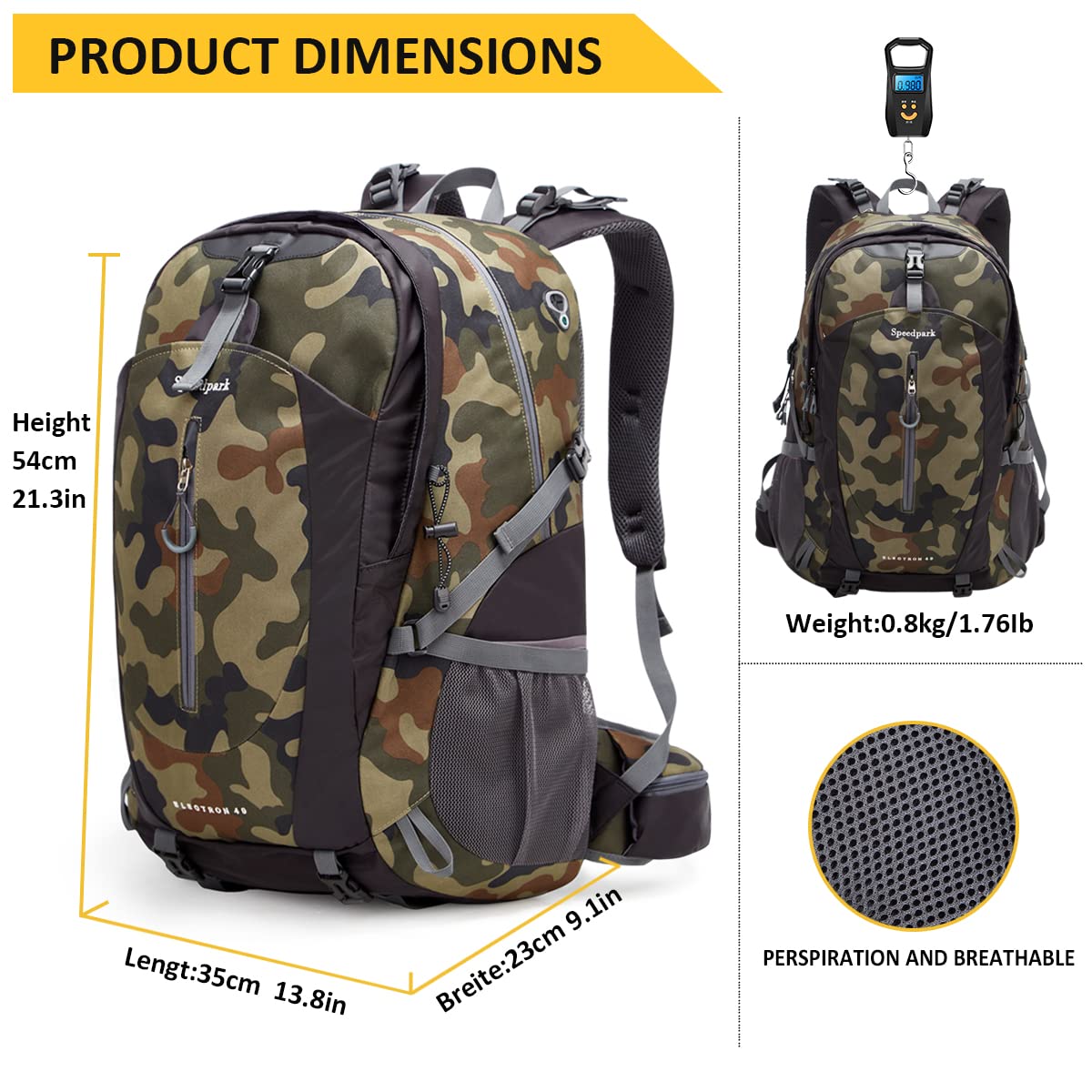 SPEEDPARK Mochila de senderismo de 40 litros, impermeable, con cubierta de lluvia, trekking, mochilas de viaje para hombres y mujeres, Camo, 40L, senderismo al aire libre, Camo, 40, Senderismo al aire