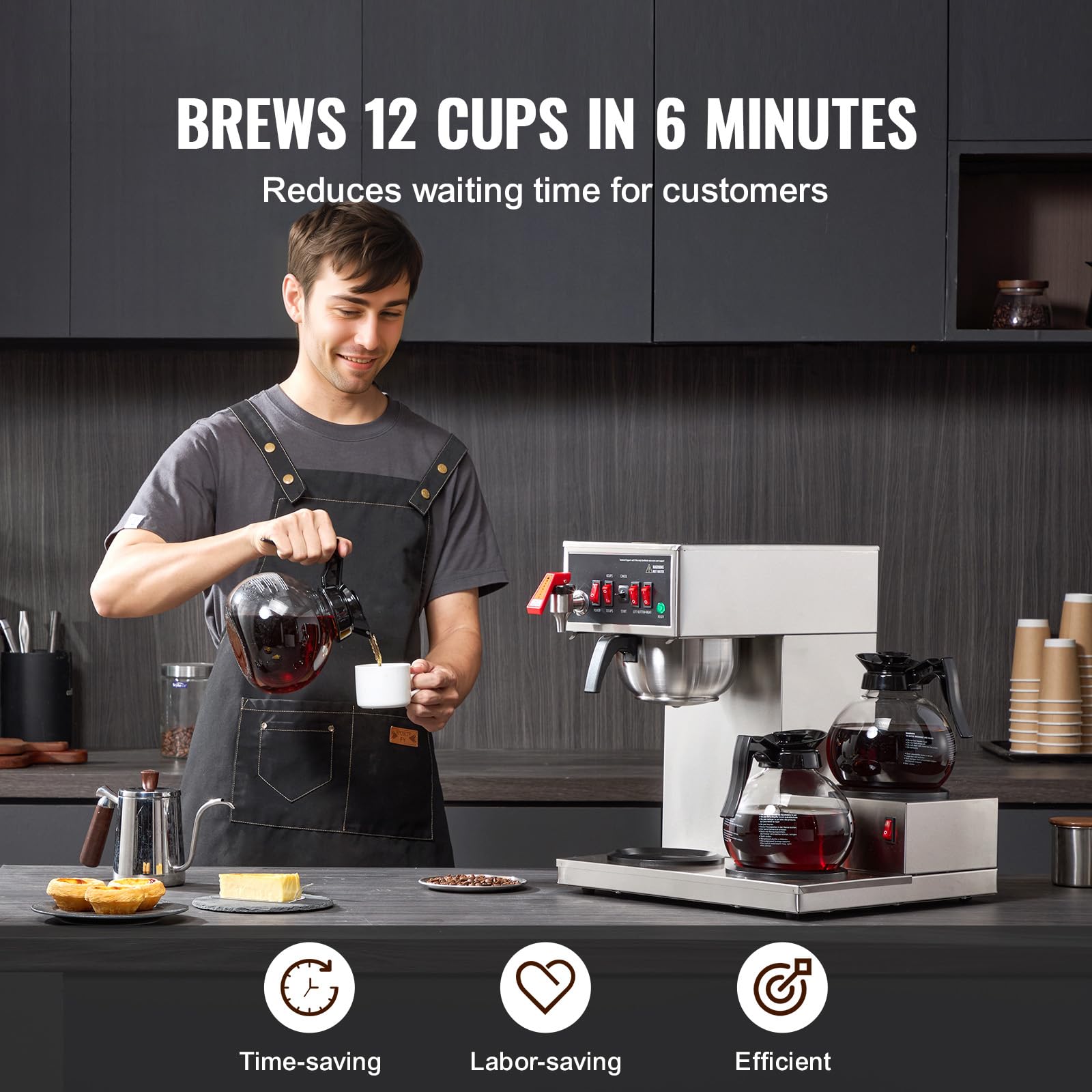 Happybuy 12 Cups Commercial Drip Coffee Maker, Coffee Maker Machine with 3 Glass Carafes and 3 Warmer Plates, Stainless Steel Pour Over Coffee Brewer for Restaurant